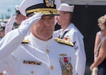 PEARL HARBOR (Feb. 21, 2019) - Rear Adm. Blake Converse, commander, Submarine Force, U.S. Pacific Fleet (COMSUBPAC), salutes during the COMSUBPAC change of command ceremony aboard the Virginia-class fast attack submarine USS Mississippi (SSN 782) in Joint Base Pearl Harbor-Hickam. (U.S. Navy photo by Mass Communication Specialist 2nd Class Shaun Griffin/Released)
