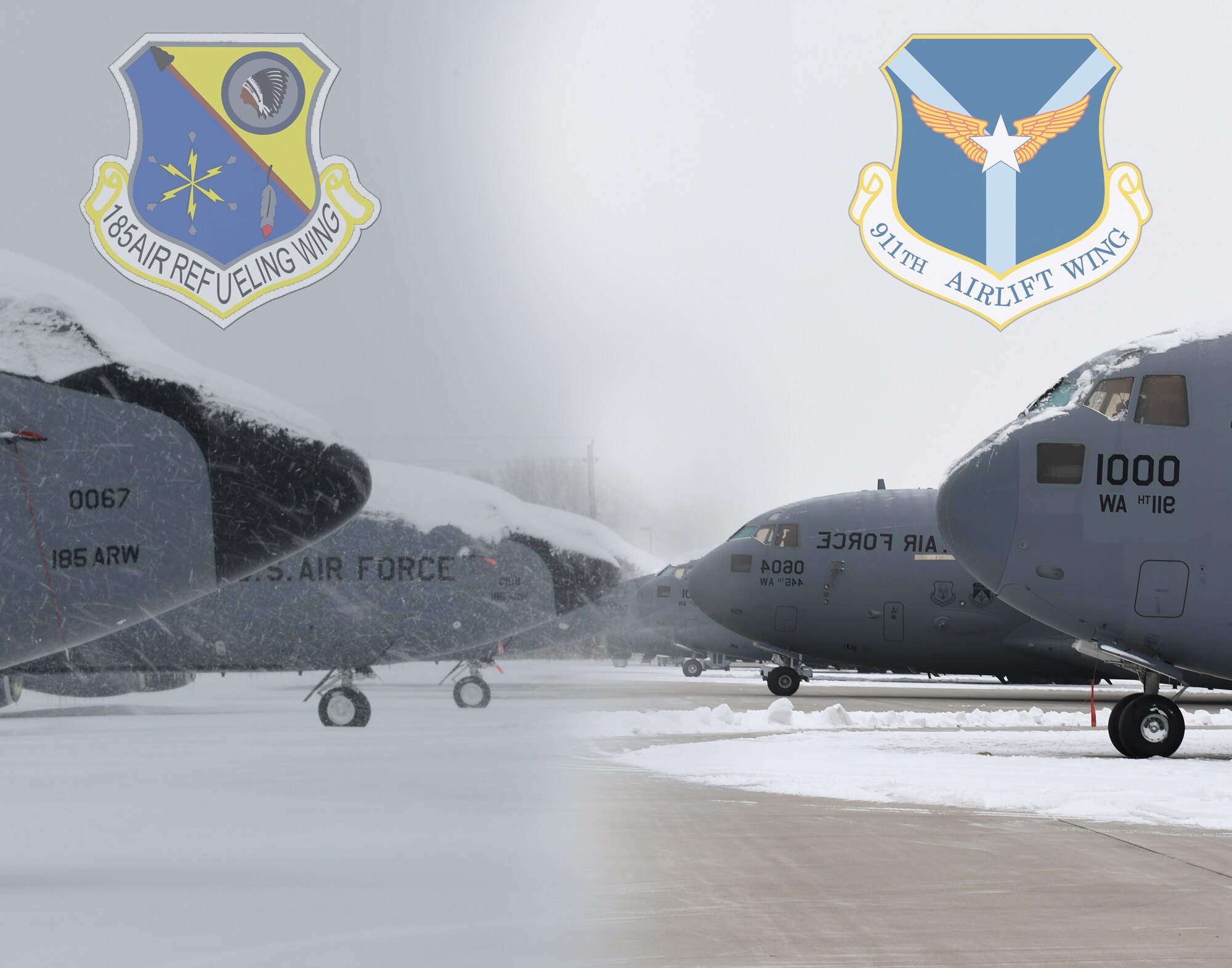 KC-135 aircraft from the 185th Air Refueling Wing and C-17 aircraft from the 911th Airlift Wing sit on their respective flightlines during winter storms. The two units have been working together for a couple of months while members from both units forge new ties and train together on air refueling missions. (U.S. Air Force photo illustration by Joshua J. Seybert)