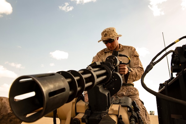 Marine with 2nd Low Altitude Air Defense Battalion Counter–Unmanned Aerial Systems Detachment, attached to Special
Purpose Marine Air-Ground Task Force Crisis Response–Central Command, conducts functions check on Mine Resistant Ambush
Protected vehicle, Southwest Asia, February 17, 2019 (U.S. Marine Corps/Jack C. Howell)