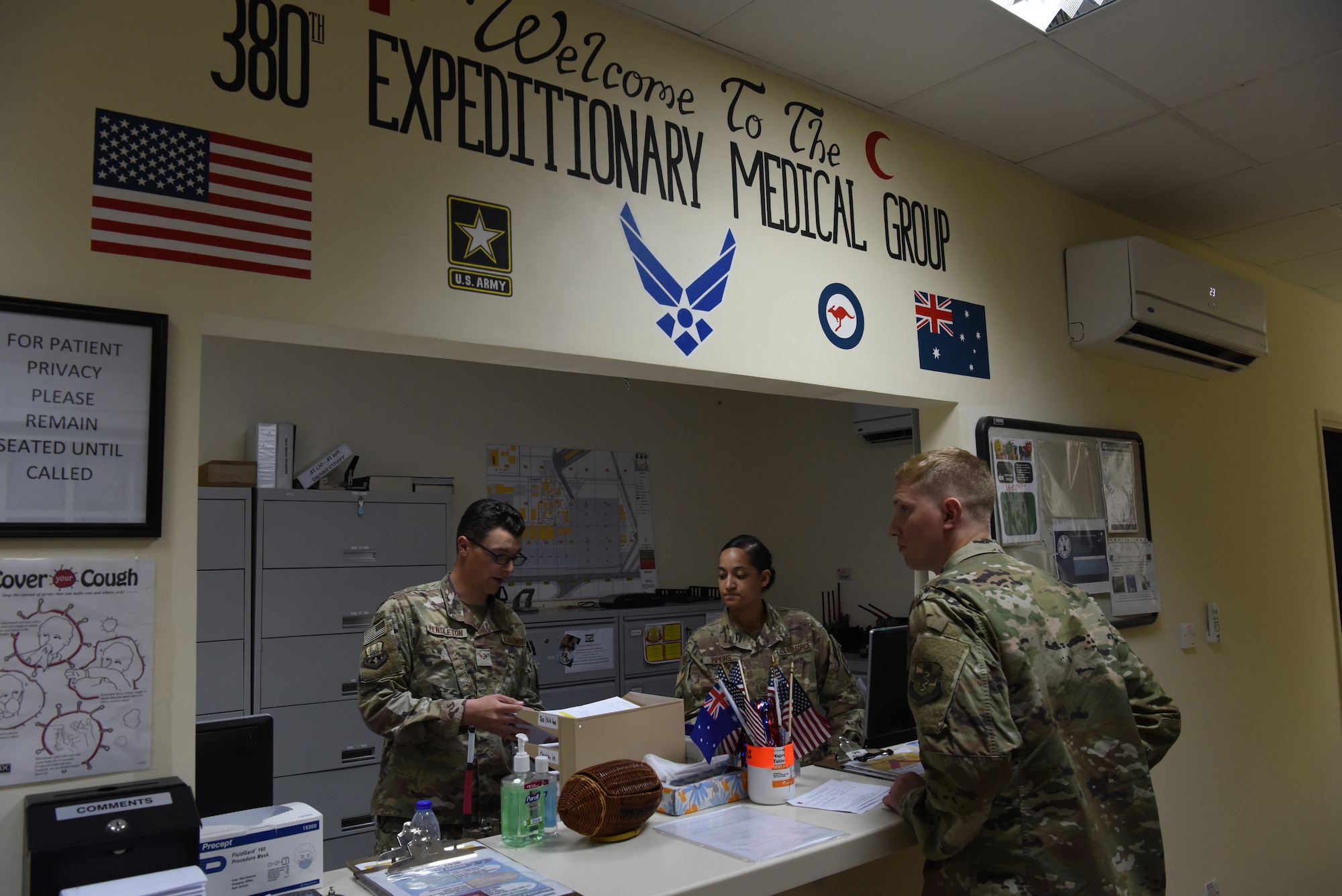 A simulated sick patient checks into the 380th Expeditionary Medical Group during a public health exercise at Al Dhafra Air Base, United Arab Emirates, Feb 18-22, 2019.