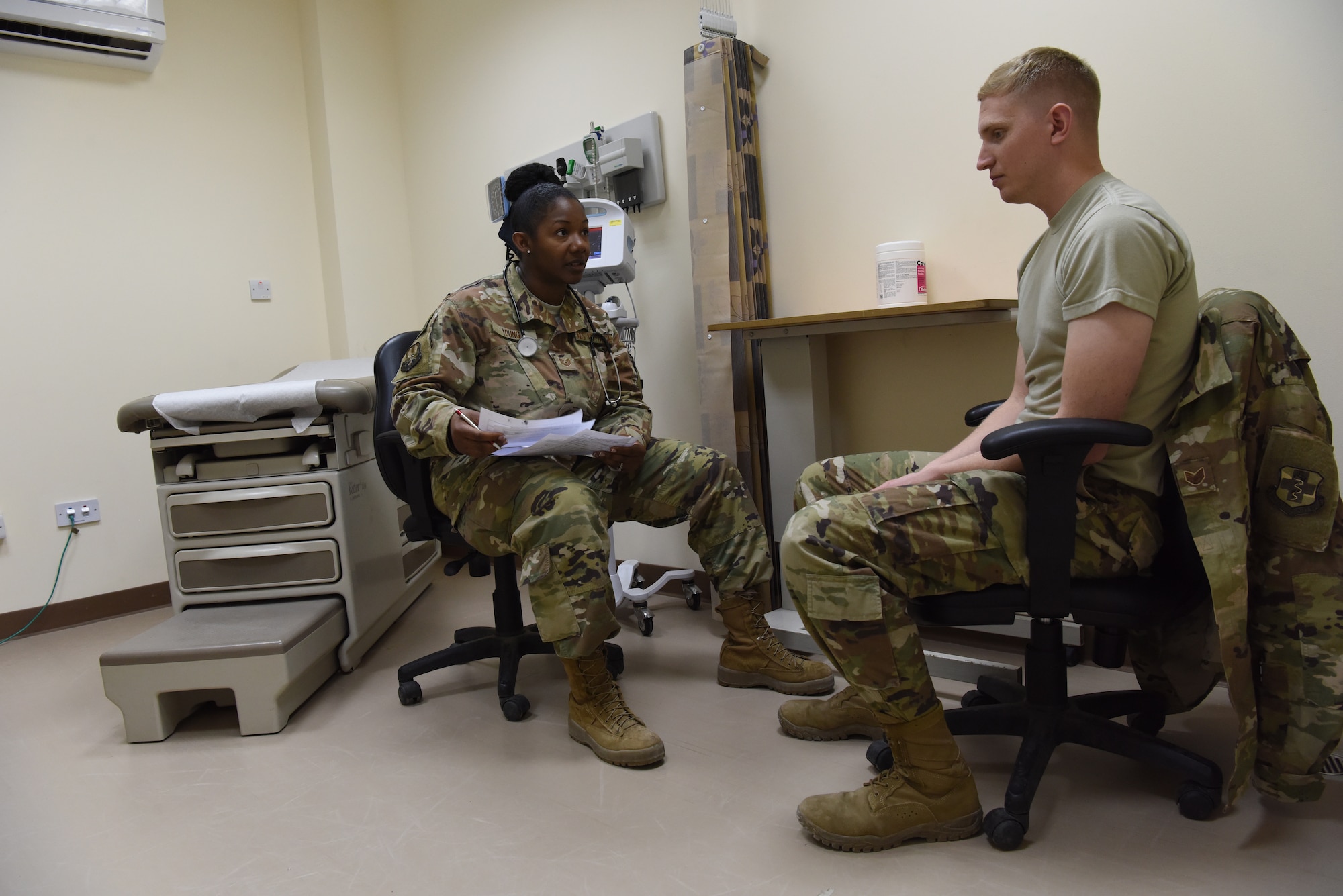 Tech. Sgt. Johnetta Young, 380th Expeditionary Medical Group independent medical technician, performs an evaluation of a simulated patient during the public health exercise at Al Dhafra Air Base, United Arab Emirates, Feb 18-22, 2019.