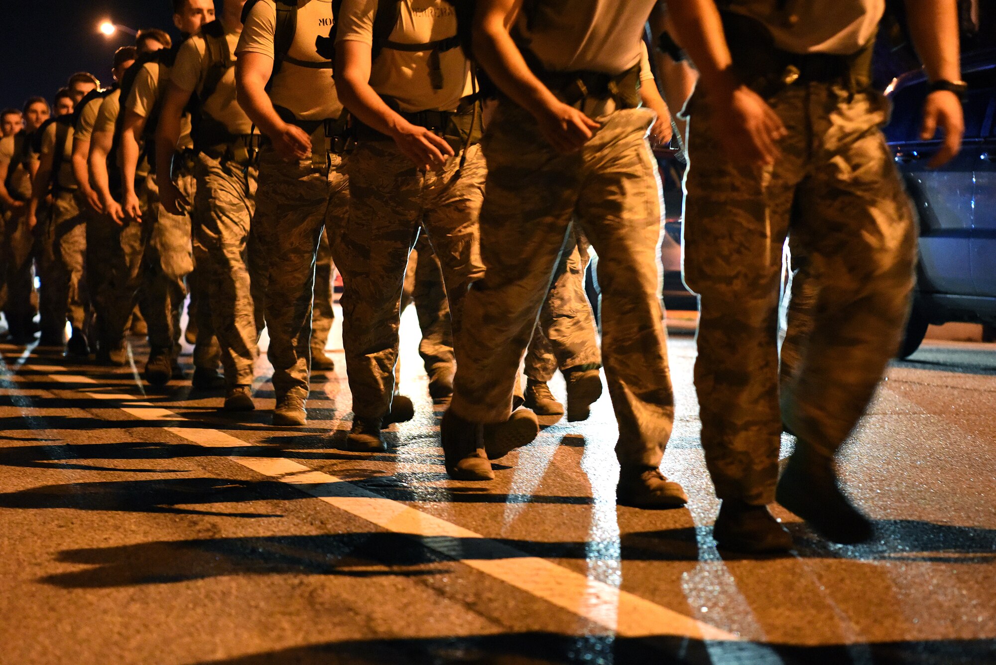 Airmen from the 352nd Battlefield Airmen Training Squadron Detachment 1 join a team of Special Tactics Airmen ruck marching through Biloxi, Mississippi, March 1, 2019. Twenty Special Tactics Airmen ruck from Medina Annex at Lackland Air Force Base, Texas, to Hurlburt Field, Florida, to pay tribute to Staff Sgt. Dylan J. Elchin, who was killed in Afghanistan on Nov. 27, 2018, and 19 other Special Tactics Airmen who have been killed in action since 9/11. The ruck march takes ST members across five states and 830 miles. (U.S. Air Force photo by Senior Airman Suzie Plotnikov)