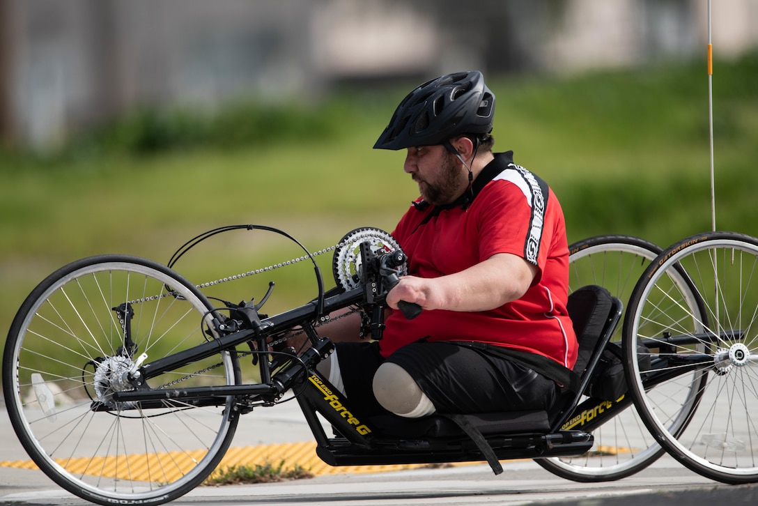 A Georgian athlete participates in hand cycling during the 2019 Marine Corps Trials at Marine Corps Base Camp Pendleton, California, March 1. The Marine Corps Trials promotes recovery and rehabilitation through adaptive sports participation and develops camaraderie among recovering service members and veterans. Additionally, the competition is an opportunity for participants to demonstrate physical and mental achievements and serves as the primary venue to select Marine Corps participants for the DoD Warrior Games.