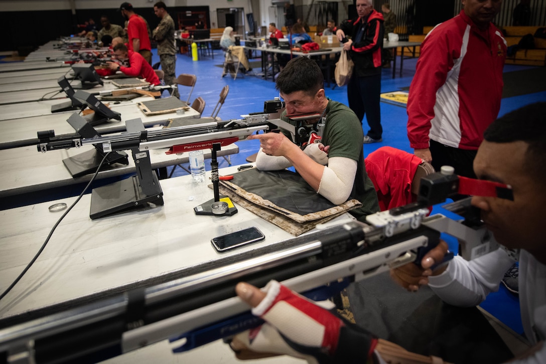 U.S. Marine Corps Cpl. Blake DeLeon practices shooting during the 2019 Marine Corps Trials at Marine Corps Base Camp Pendleton, California, Mar. 1. The Marine Corps Trials promotes recovery and rehabilitation through adaptive sports participation and develops camaraderie among recovering service members and veterans. Additionally, the competition is an opportunity for participants to demonstrate physical and mental achievements and serves as the primary venue to select Marine Corps participants for the DoD Warrior Games.