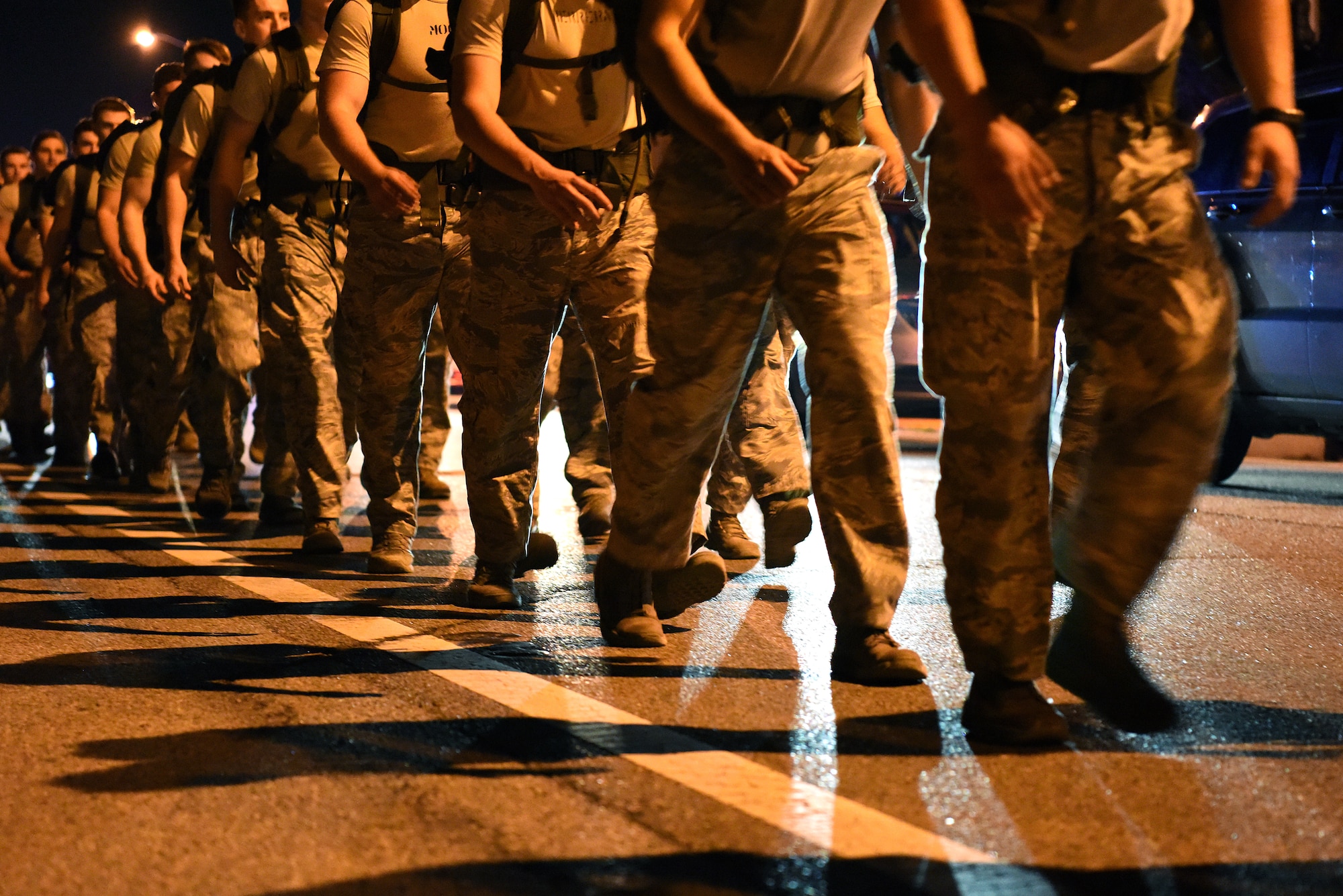Airmen from the 352nd Battlefield Airmen Training Squadron Detachment 1 join a team of Special Tactics Airmen ruck marching through Biloxi, Mississippi, March 1, 2019. Twenty Special Tactics Airmen ruck from Medina Annex at Lackland Air Force Base, Texas, to Hurlburt Field, Florida, to pay tribute to Staff Sgt. Dylan J. Elchin, who was killed in Afghanistan on Nov. 27, 2018, and 19 other Special Tactics Airmen who have been killed in action since 9/11. The ruck march takes ST members across five states and 830 miles. (U.S. Air Force photo by Senior Airman Suzie Plotnikov)