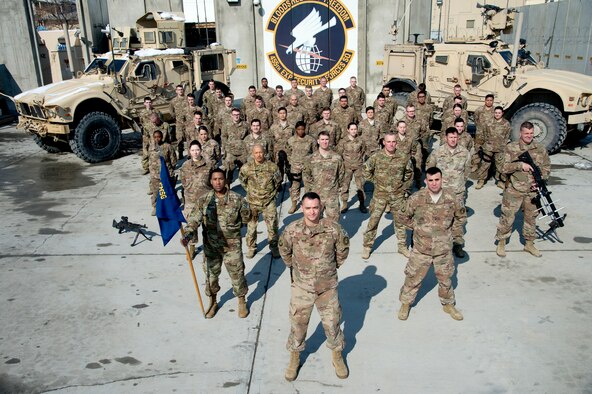 Airmen from the 455th Expeditionary Security Forces Squadron pause for a photo Feb. 22, 2019 at Bagram Airfield, Afghanistan.