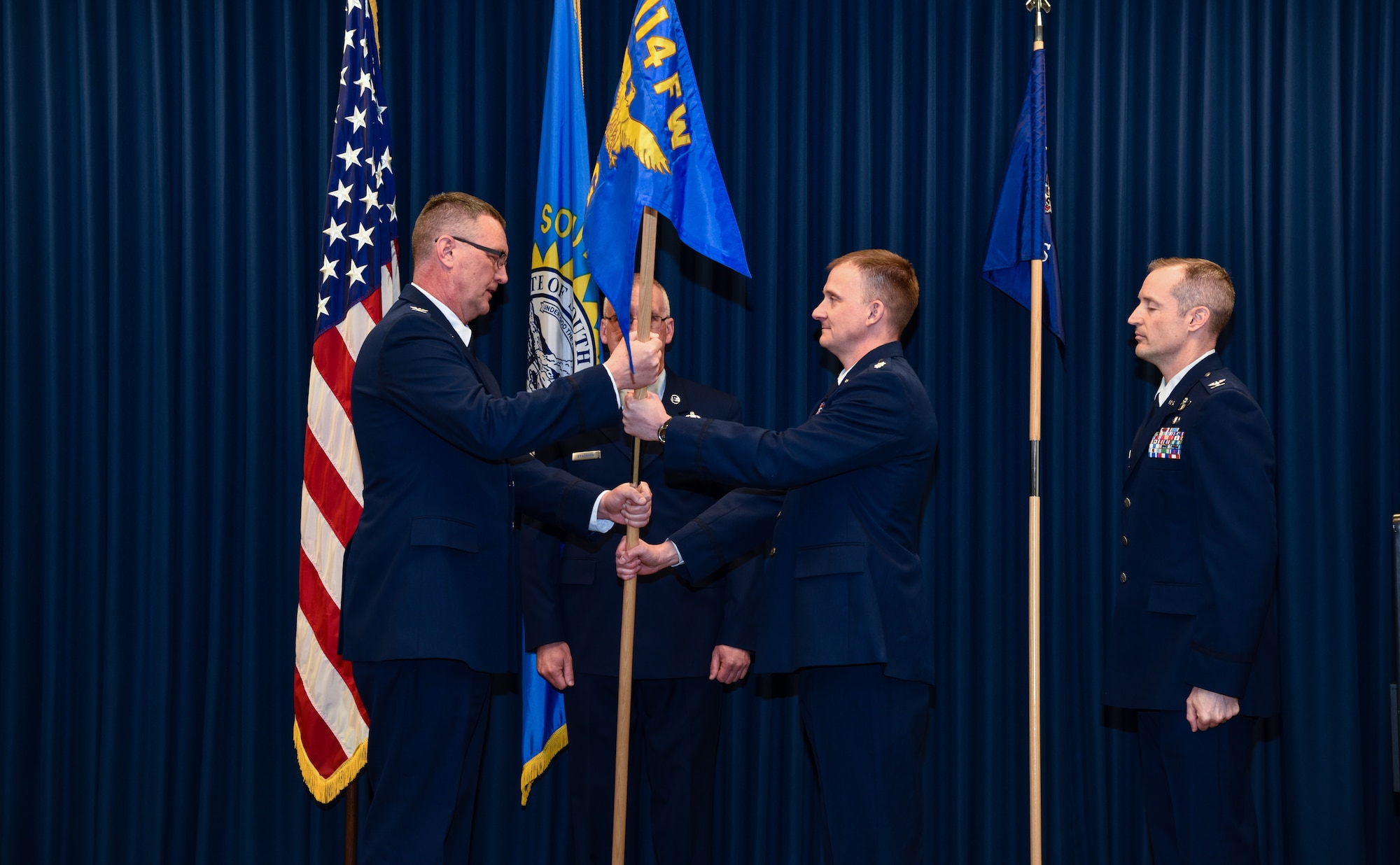 Lt. Col. Cory Kestel took command of the 114th Operations Group from Col. Mark Morrell who assumed the 114th Fighter Wing vice commander position during a Change of Command Ceremony at Joe Foss Field, S.D. March 2, 2019.