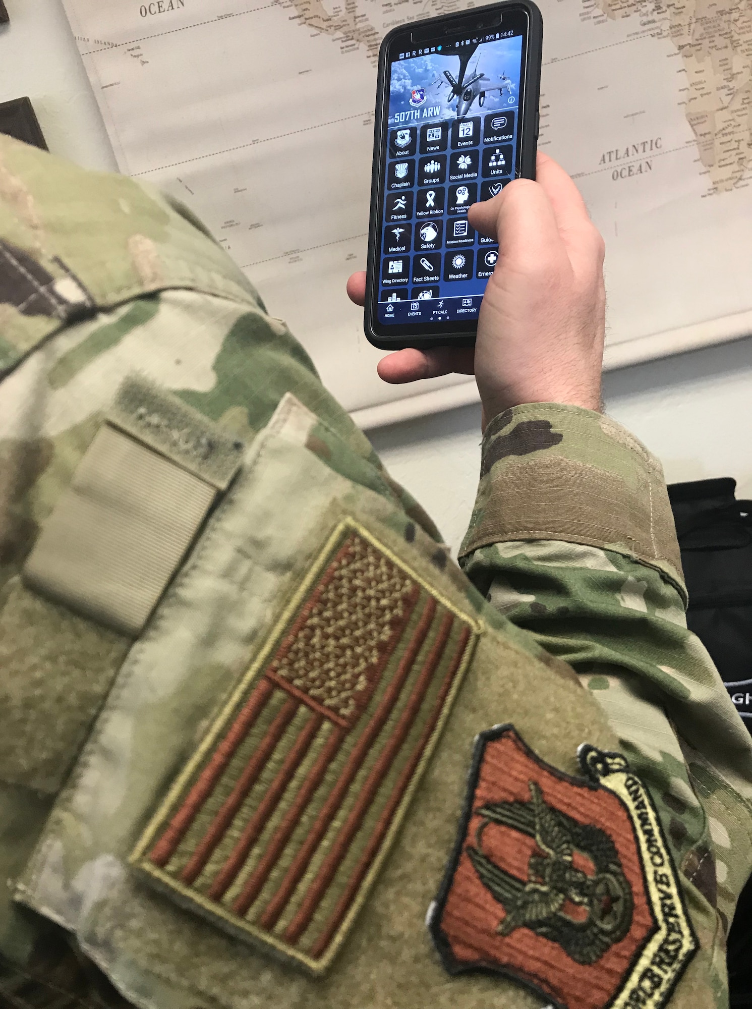 A Reservist uses the new 507th Air Refueling Air Force Connect mobile app here March 1, 2019. The app has many features and functionality and gives members easy access to unit information and online tools. (U.S. Air Force photo by Tech. Sgt. Samantha Mathison)