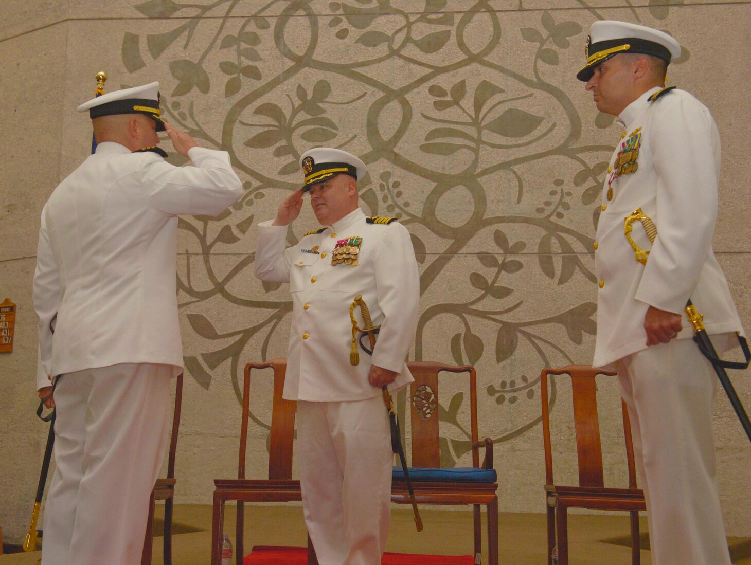 SANTA RITA, Guam (March 1, 2019) - Cmdr. Richard Salazar assumes command of the Los Angeles-class fast attack submarine USS Topeka (SSN 754), March 1. Topeka is one of four Guam-homeported submarines assigned COMSUBRON 15. (U.S. Navy photo by Mass Communication Specialist 3rd Class Randall W. Ramaswamy/Released)