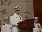 SANTA RITA, Guam (March 1, 2019) - Cmdr. Richard Salazar smiles as he assumes command of the Los Angeles-class fast attack submarine USS Topeka (SSN 754), March 1. Topeka is one of four Guam-homeported submarines assigned COMSUBRON 15. (U.S. Navy photo by Mass Communication Specialist 3rd Class Randall W. Ramaswamy/Released)