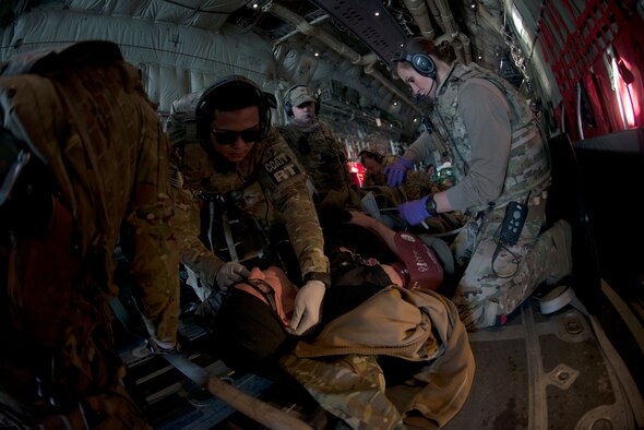 U.S. Air Force Airmen assigned to the 455th Expeditionary Aeromedical Evacuation Squadron participated in a training exercise with Airmen from the 83rd Expeditionary Rescue Squadron Feb. 21, 2019.
