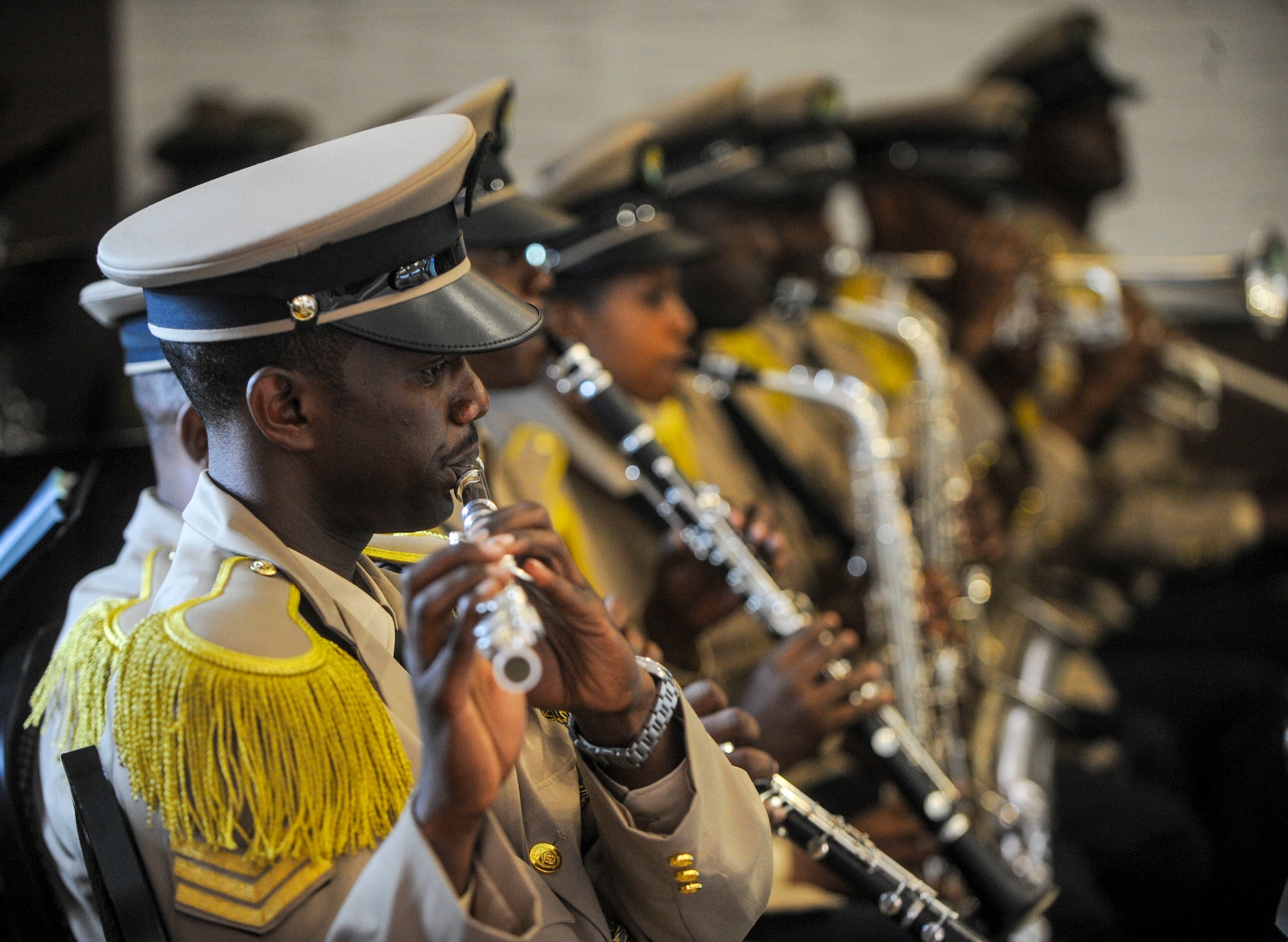 Members of the Rwanda Defence Force band play music at the African Partnership Flight Rwanda opening ceremony in Kigali, Rwanda, March 4, 2019. The APF program is intended to build strong, transparent partnerships that enhance regional stability and security. APF Rwanda's focus is on sharing best practices for flight, ground, and weapon safety. (U.S. Air Force photo by Tech. Sgt. Timothy Moore)