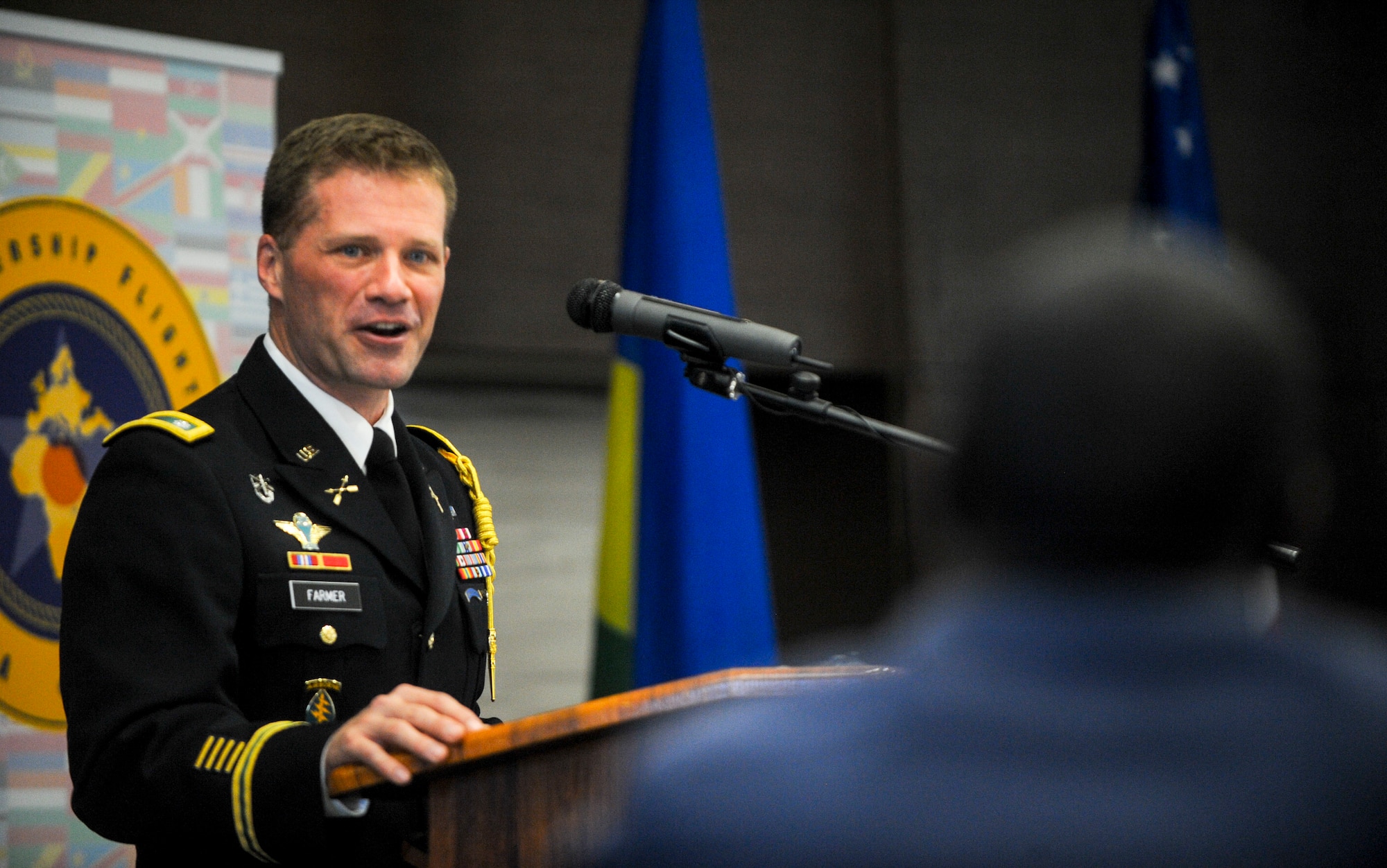 U.S. Army Lt. Col. Jason Farmer, Defence Attaché at the U.S. Embassy in Kigali, gives remarks during the African Partnership Flight Rwanda opening ceremony in Kigali, Rwanda, March 4, 2019. APF Rwanda's focus is on sharing best practices for flight, ground, and weapon safety. APF Rwanda participants include military representatives from Rwanda, the United States, Cameroon, Ghana, Senegal, and Zambia. (U.S. Air Force photo by Tech. Sgt. Timothy Moore)