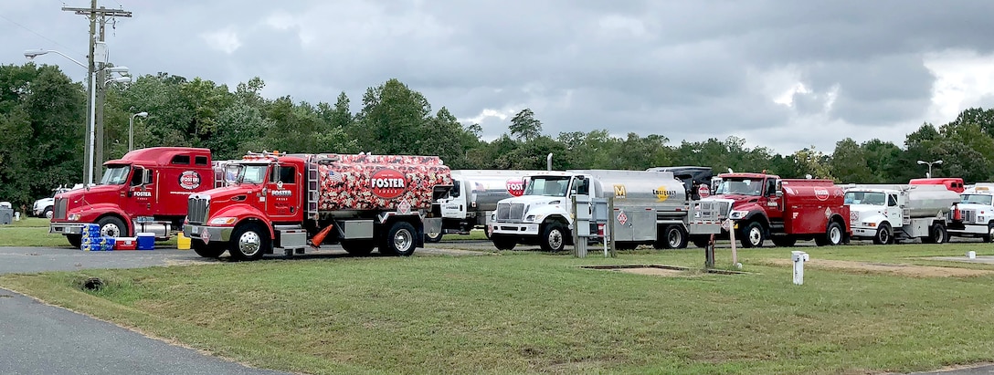 Fuel trucks and trailers are staged at the request of FEMA at Fort A.P. Hill, Virginia, which served as an incident support base during Hurricane Florence. Items were provided by DLA and overseen by DLA Energy and DLA Distribution personnel.