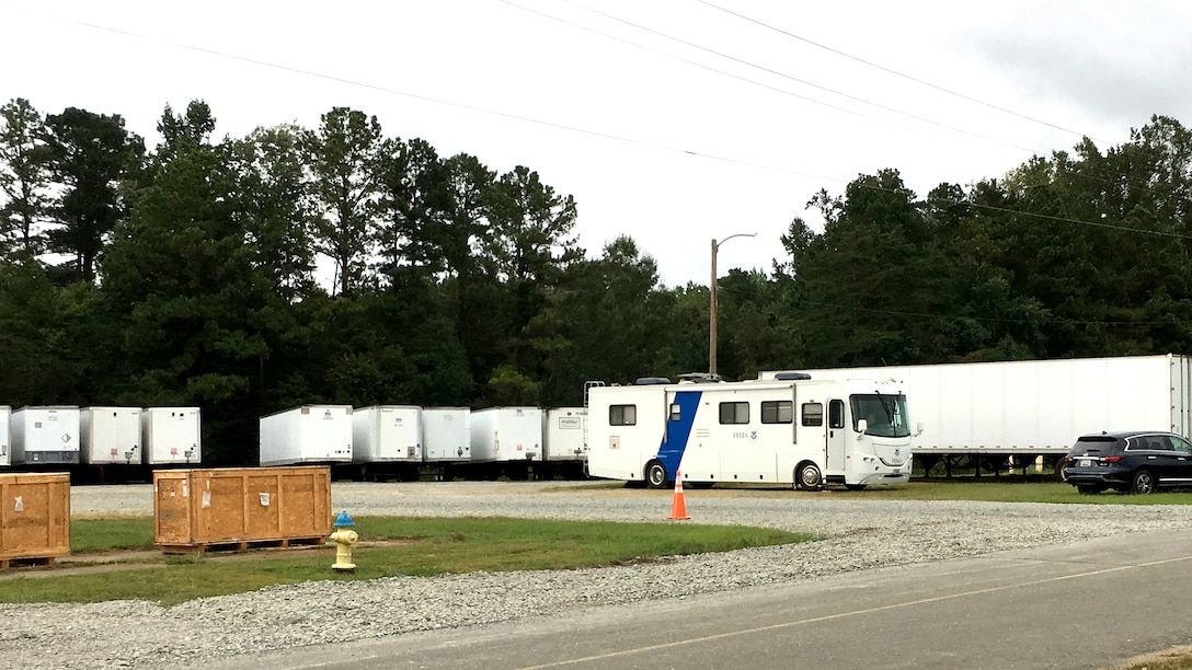 Hurricane Florence relief supplies are pre-staged at the DLA-managed Incident Support Base, Fort A.P. Hill, Virginia.