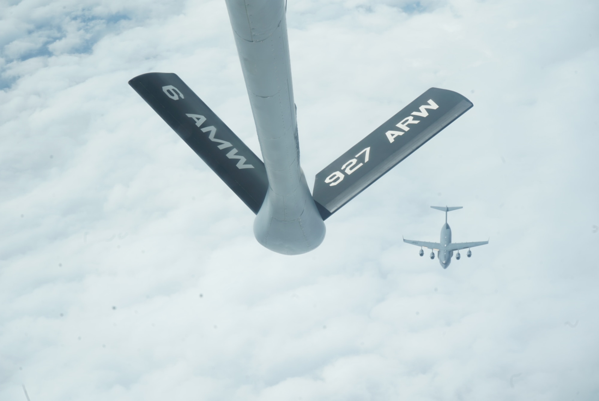A KC-135 Stratotanker Aircraft from MacDill Air Force Base, Fla., prepares to refuel at C-17 Galaxy from Keesler Air Force Base, Miss., on March 2, 2019. The refueling was part of a Spouse flight given by the 927th Air Refueling Wing to showcase to spouses the mission of the wing. (U.S. Air Force photo by Senior Airman Alexis Suarez)