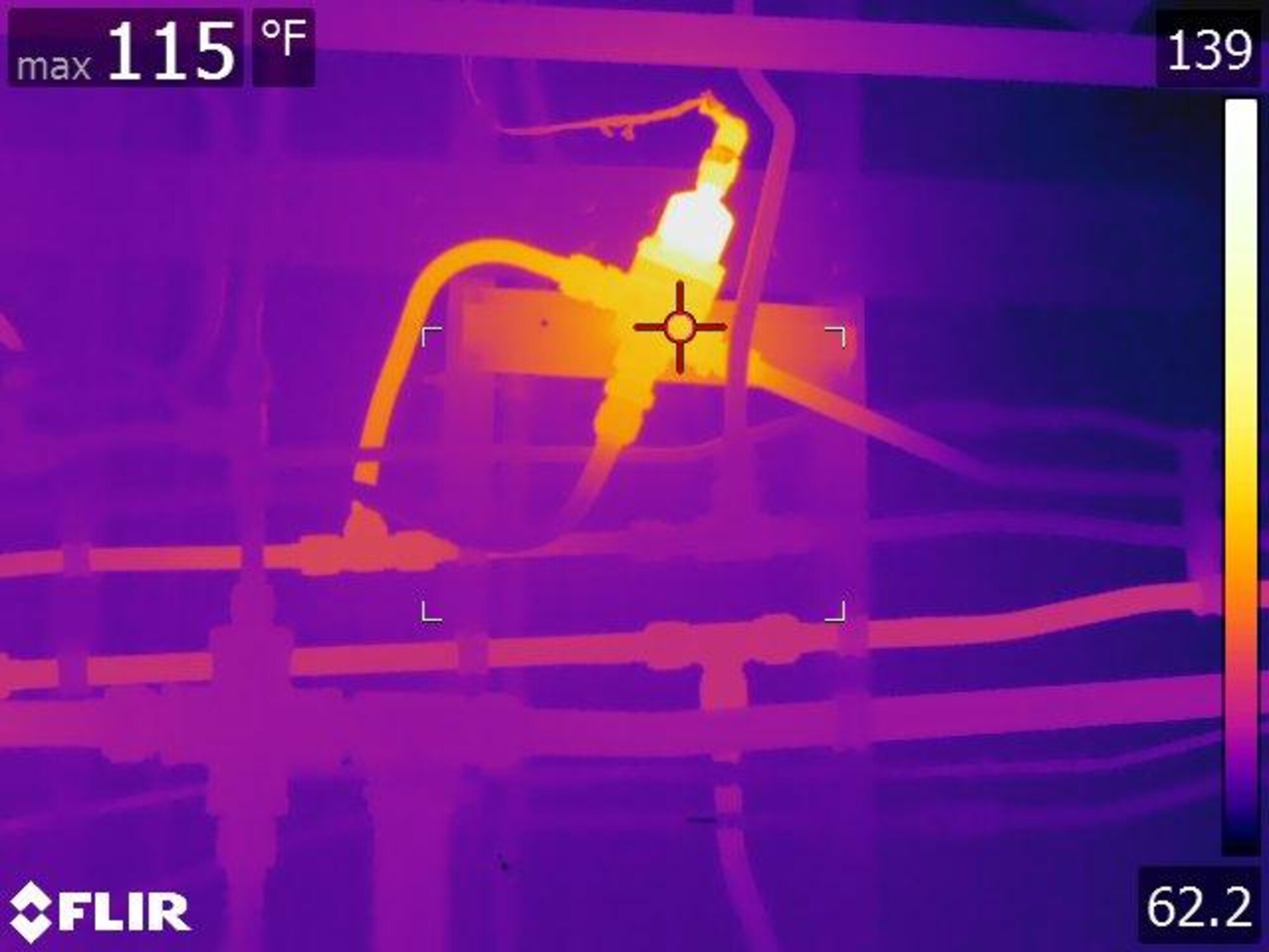 A thermal image of a KC-135 Stratotanker aircraft’s hydraulic spoiler bypass valve in the energized position at MacDill Air Force Base, Fla., Feb. 27, 2019.