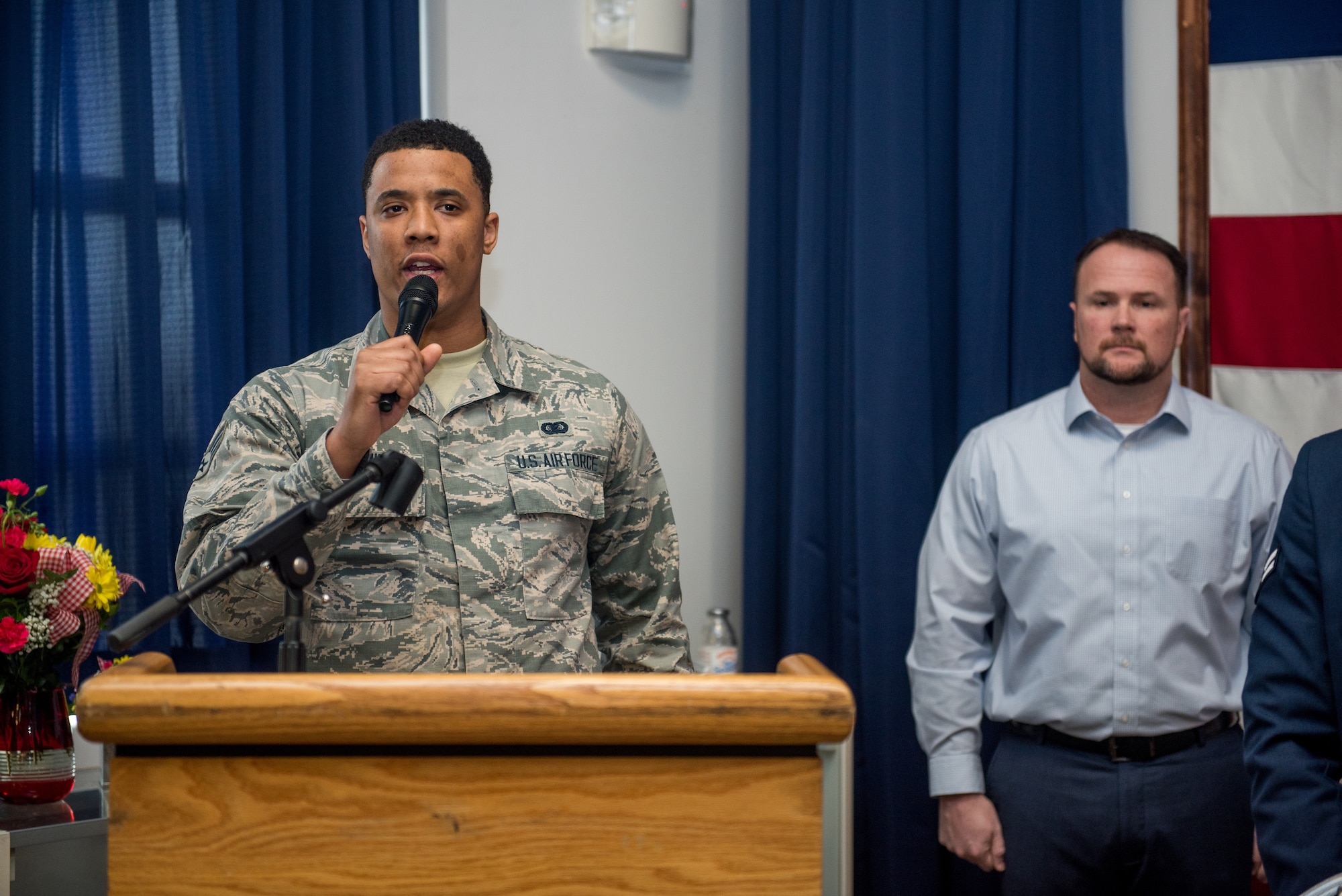 Lt. Col. Ryan Robin assumes command of the 512th Mission Support Group during a ceremony officiated by Col. Craig Peters, 512th Airlift Wing commander, at Dover Air Force Base, Delaware, March 2, 2019. Robins is responsible for a 650-person organization, which supports Air Mobility Command’s worldwide airlift mission. (U.S. Air Force photo by Staff Sgt. Damien Taylor)