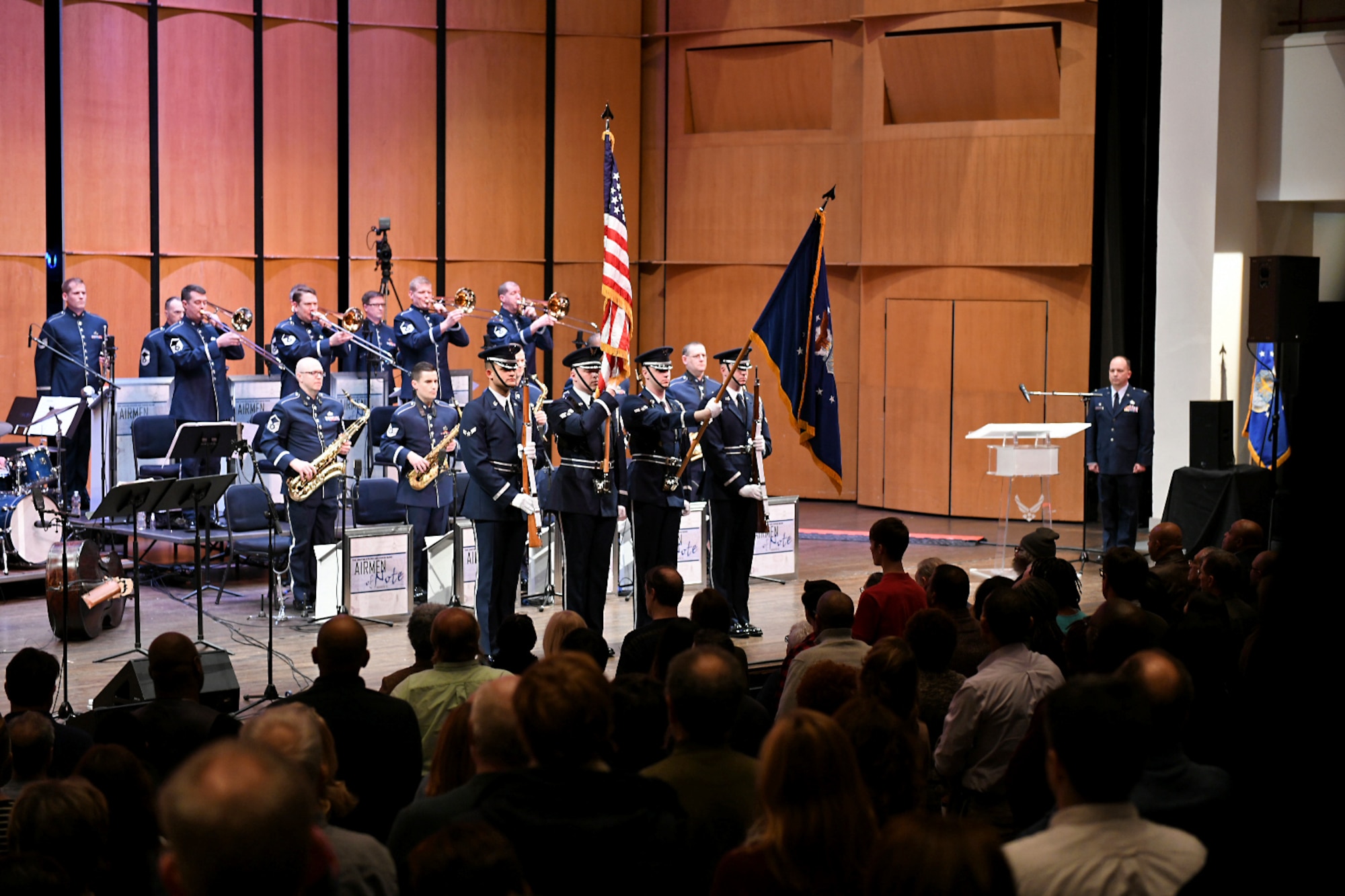The Airmen of Note, U.S. Air Force Band’s premier jazz ensemble, perform during the Jazz Heritage Series, Feb. 22, 2019 in Alexandria, Va. This performance in the series featured guest double bassist, Christian McBride, and was conducted by Col. Don Schofield, U.S. Air Force Band commander. (U.S. Air Force photo by Senior Airman Alyssa D. Van Hook)
