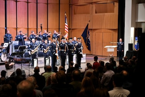 The Airmen of Note, U.S. Air Force Band’s premier jazz ensemble, perform during the Jazz Heritage Series, Feb. 22, 2019 in Alexandria, Va. This performance in the series featured guest double bassist, Christian McBride, and was conducted by Col. Don Schofield, U.S. Air Force Band commander. (U.S. Air Force photo by Senior Airman Alyssa D. Van Hook)