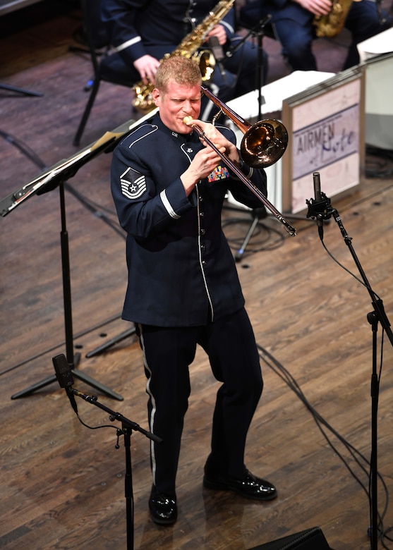 Master Sgt. Kevin A. Cerovich, U.S. Air Force Band’s Airmen of Note trombonist, performs during the Jazz Heritage Series, Feb. 22, 2019 in Alexandria, Va. This performance featured guest double bassist, Christian McBride, conducted by Col. Don Schofield, USAF Band commander. (U.S. Air Force photo by Senior Airman Alyssa D. Van Hook)