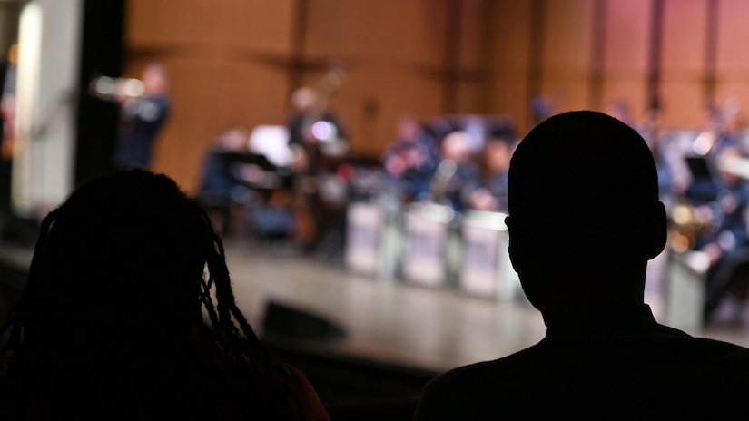 Guests in attendance at the Jazz Heritage Series listen to featured artist Christian McBride, double bassist, on Feb. 22, 2019 in Alexandria, Va. This series featured original jazz compositions as well as big band classics with McBride. (U.S. Air Force photo by Senior Airman Alyssa D. Van Hook)