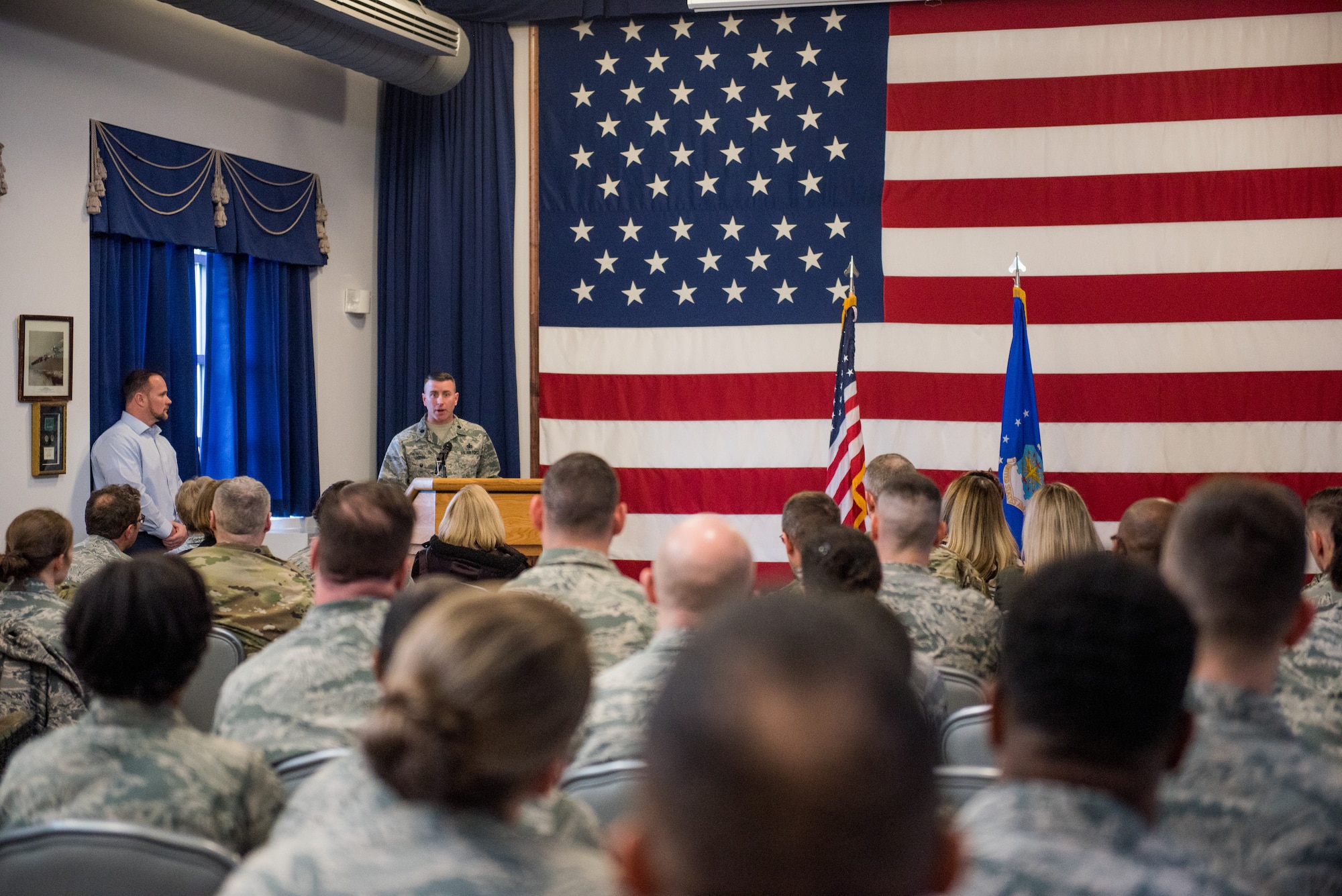 Lt. Col. Ryan Robin assumes command of the 512th Mission Support Group during a ceremony officiated by Col. Craig Peters, 512th Airlift Wing commander, at Dover Air Force Base, Delaware, March 2, 2019. Robins is responsible for a 650-person organization, which supports Air Mobility Command’s worldwide airlift mission. (U.S. Air Force photo by Staff Sgt. Damien Taylor)