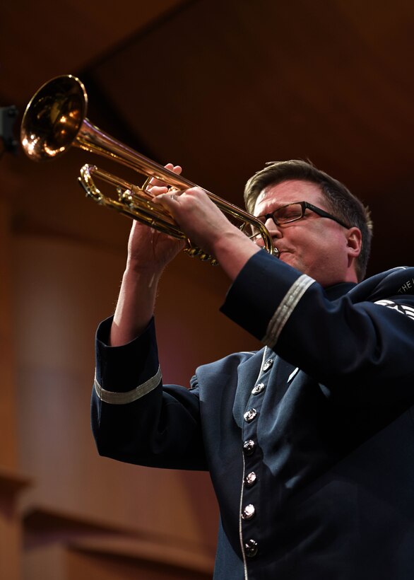 Tech. Sgt. Logan Keese, U.S. Air Force band’s Airmen of Note trumpet player, performs during the Jazz Heritage Series, Feb. 22, 2019 in Alexandria, Va. This series featured original jazz compositions as well as big band classics and featured guest double bassist Christian McBride. (U.S. Air Force photo by Senior Airman Alyssa D. Van Hook)