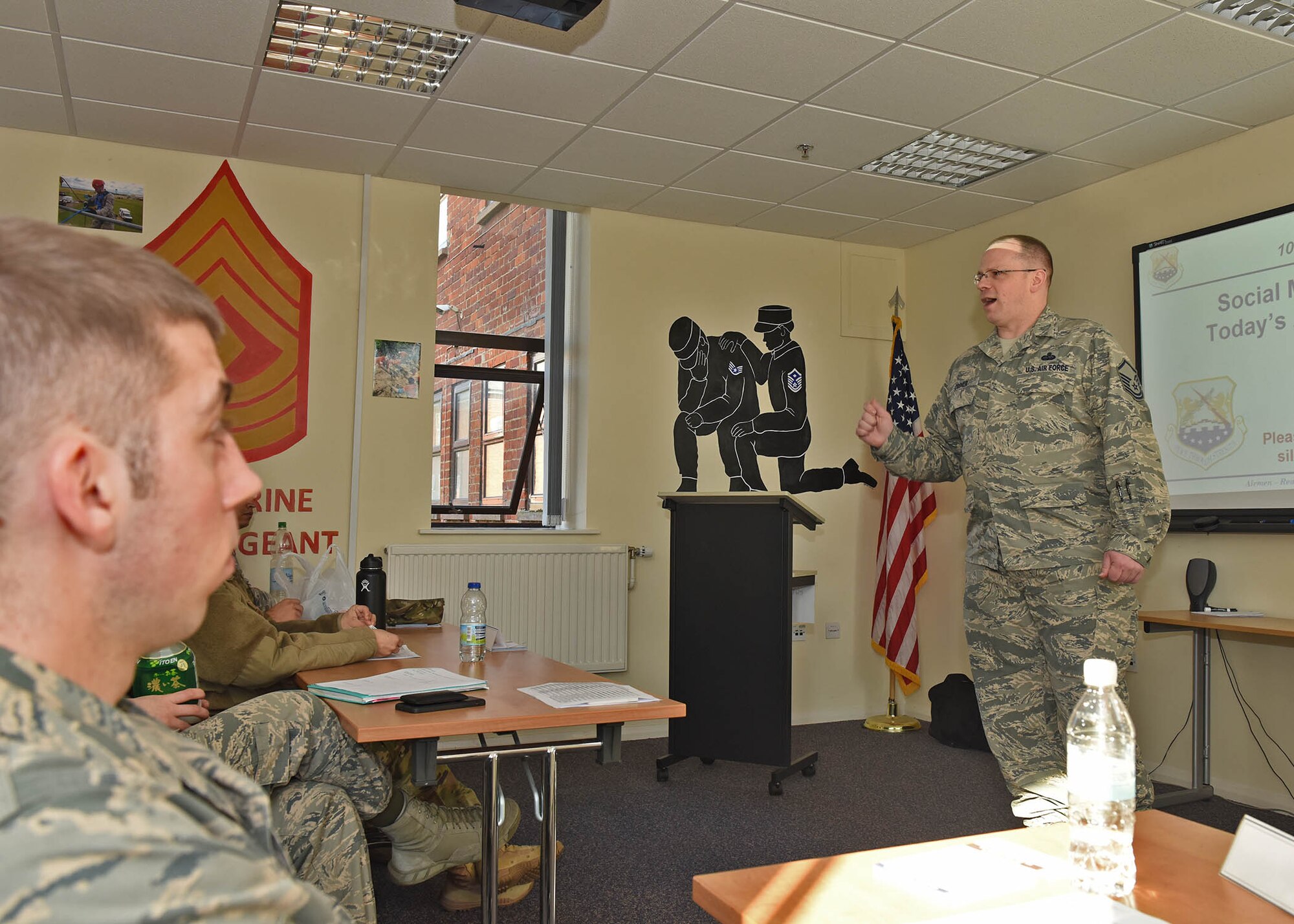 U.S. Air Force Master Sgt. Andrew Cosner, 100th Air Refueling Wing plans and program manager, speaks to a class of junior enlisted Airmen during an Airmen Enhancement Seminar at RAF Mildenhall, England, Feb. 27, 2019. This was the first time this course was held at RAF Mildenhall and included 25 Airmen from the base. (U.S. Air Force photo by Senior Airman Luke Milano)