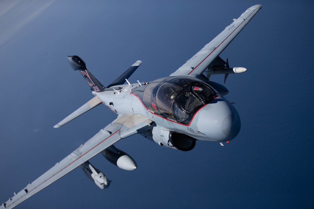 A U.S. Marine Corps EA-6B Prowler assigned to Marine Tactical Electronic Warfare Squadron 2, flies off the coast of North Carolina, Feb 28, 2019. VMAQ-2 is conducting its last flights prior to their deactivation on March 8, 2019. VMAQ-2 is a subordinate unit to Marine Aircraft Group 14, 2nd Marine Aircraft Wing.