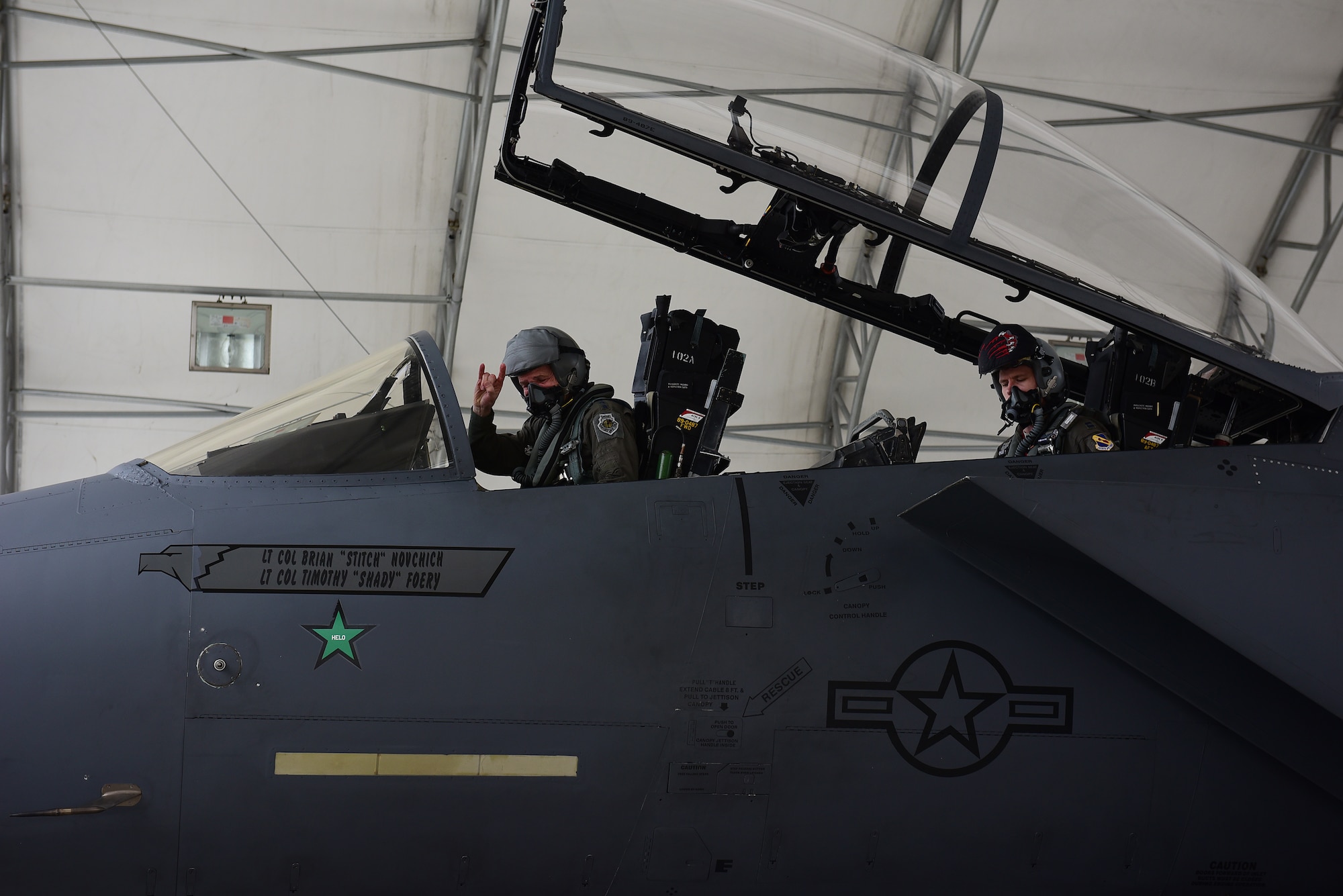 From left, Gen. Mike Holmes, commander of Air Combat Command, and Capt. John Tilton, 333rd Fighter Squadron pilot, after flying in an F-15E Strike Eagle, Feb. 27, 2019, at Seymour Johnson Air Force Base, North Carolina. Holmes previously flew the F-15E while he was the commander of the 4th FW from August 2004 until September 2006. (U.S. Air Force photo by Senior Airman Kenneth Boyton)