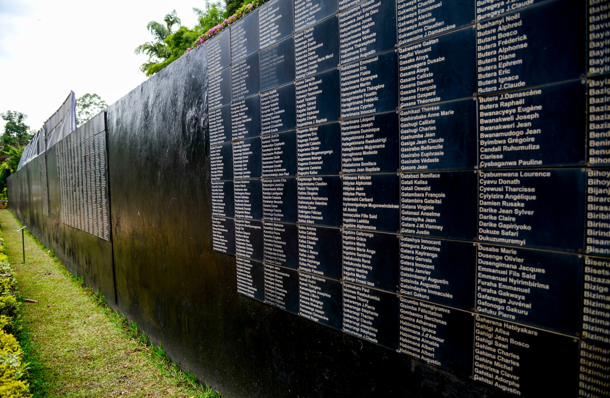 Names of some of the victims of the Rwandan genocide are displayed on a wall at the Kigali Genocide Memorial in Kigali, Rwanda, March 4, 2019. Though only about 800 names are displayed, the memorial, which is only one of nearly 200 memorial around the country, has approximately 250,000 victims buried there. Participants in the African Partnership Flight Rwanda visited the memorial to pay their respect and learn about the country hosting them. (U.S. Air Force photo by Tech. Sgt. Timothy Moore)