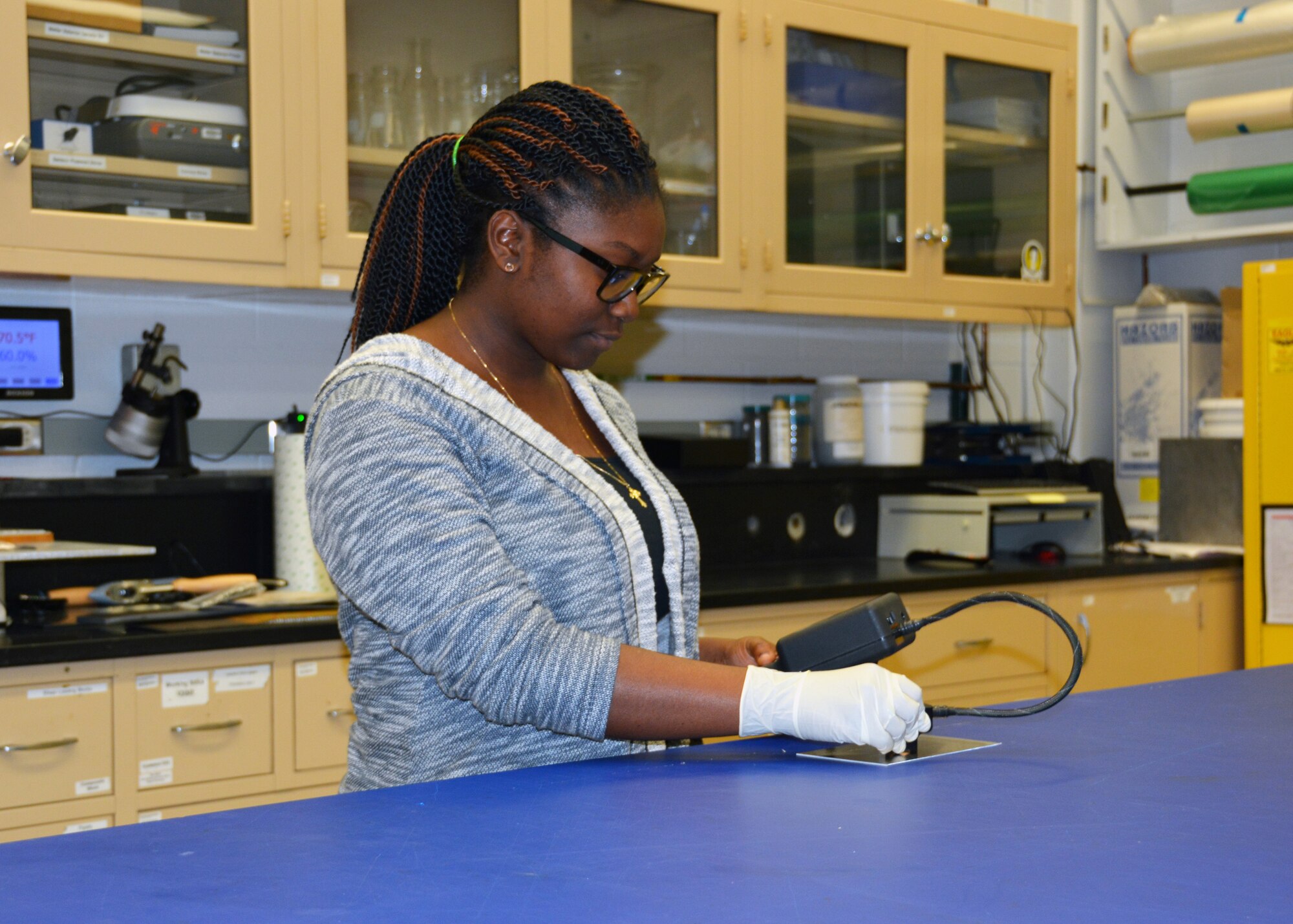 Madisen Millender was one of five LEGACY (Leadership Experience Growing Apprenticeships Committed to Youth) students who worked in the AFRL Materials and Manufacturing Directorate Materials Integrity Branch during the summer of 2018. The branch received the LEGACY Mentor of the Year award for their support of the student internship program. (U.S. Air Force Photo/David Dixon)