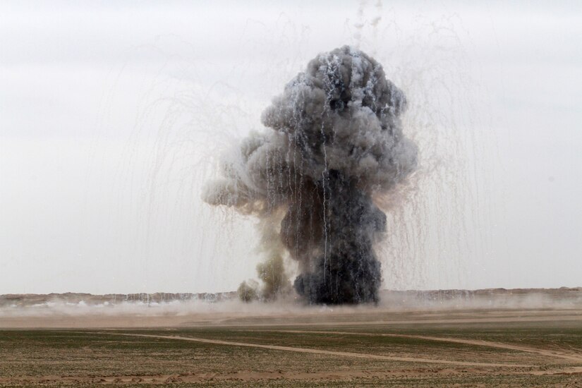 More than 6,800 pounds of unserviceable ammunition explodes in the Udairi Range, Kuwait, Feb. 27, 2019. The controlled detonation was organized by the 705th Explosive Ordnance Disposal Company, Task Force Hellhound, Task Force Spartan.