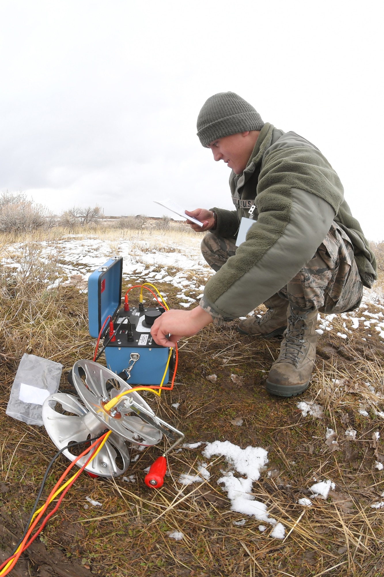 Airman 1st Class Thomas Juillerat, 729th Air Control Squadron, tests equipment Feb. 5, 2019, during a readiness exercise at Hill Air Force Base, Utah. The evolution was part of an exercise to mobilize and set up a deployed radar location and control reporting center. (U.S. Air Force photo by Todd Cromar)