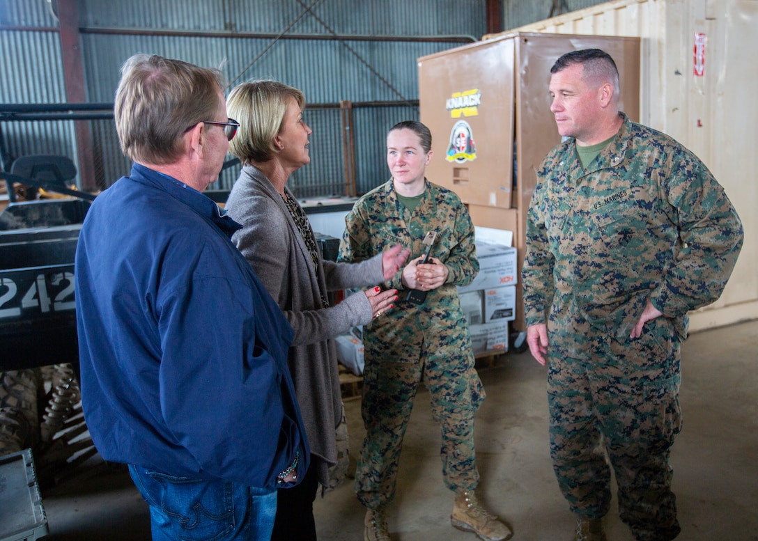 Lt. Col James Bauch, squadron commander, Marine Wing Support Squadron (MWSS) 373, Marine Wing Support Group (MWSG) 37, 3rd Marine Aircraft Wing (MAW) and Capt. Nicole Stockholm, the project's company commander,  discuss the progress of the Catalina Island Airport in the Sky runway replacement project with local and civic leaders on Catalina Island, Calif., March 1.  3rd MAW partnered with the Catalina Island Conservancy, I MEF and US Navy Seabees to replace the aging "Airport in the Sky" under the scope of the Department of Defense  innovative readiness training program. The partnership with external units and the Catalina Island Conservancy is a unique opportunity for Marines to conduct expeditionary, real-world training while also serving the local community. (U.S. Marine Corps photo by Lance Cpl. Juan Anaya)