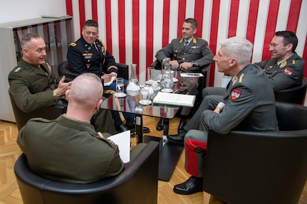 Marine Corps Gen. Joe Dunford, chairman of the Joint Chiefs of Staff, meets with Austrian Gen. Robert Brieger, chief of the General Staff of the Austrian Armed Forces, at Rossauer Barracks in Vienna, Austria, March 4, 2019.