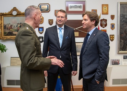 Marine Corps Gen. Joe Dunford, chairman of the Joint Chiefs of Staff, and U.S. Ambassador to Austria Trevor Traina meet with Secretary General of the Austrian Ministry of Defense Dr. Wolfgang Baumann, center, at Rossauer Barracks in Vienna, Austria, March 4, 2019.
