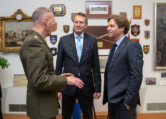 Marine Corps Gen. Joe Dunford, chairman of the Joint Chiefs of Staff, and U.S. Ambassador to Austria Trevor Traina meet with Secretary General of the Austrian Ministry of Defense Dr. Wolfgang Baumann, center, at Rossauer Barracks in Vienna, Austria, March 4, 2019.