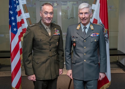 Marine Corps Gen. Joe Dunford, chairman of the Joint Chiefs of Staff, meets with Austrian Gen. Robert Brieger, chief of the General Staff of the Austrian Armed Forces, at Rossauer Barracks in Vienna, Austria, March 4, 2019.