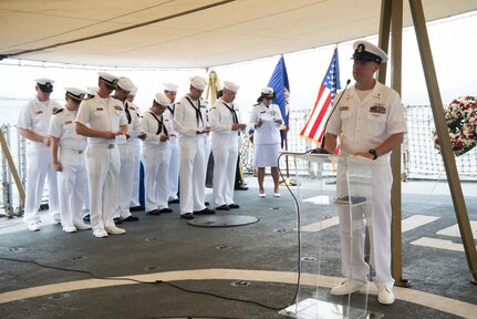 The ceremony was held to honor the American and Australian crews of USS Houston (CA 30) and HMAS Perth (D 29) that lost their lives in battle against the Japanese Imperial Navy during World War II.