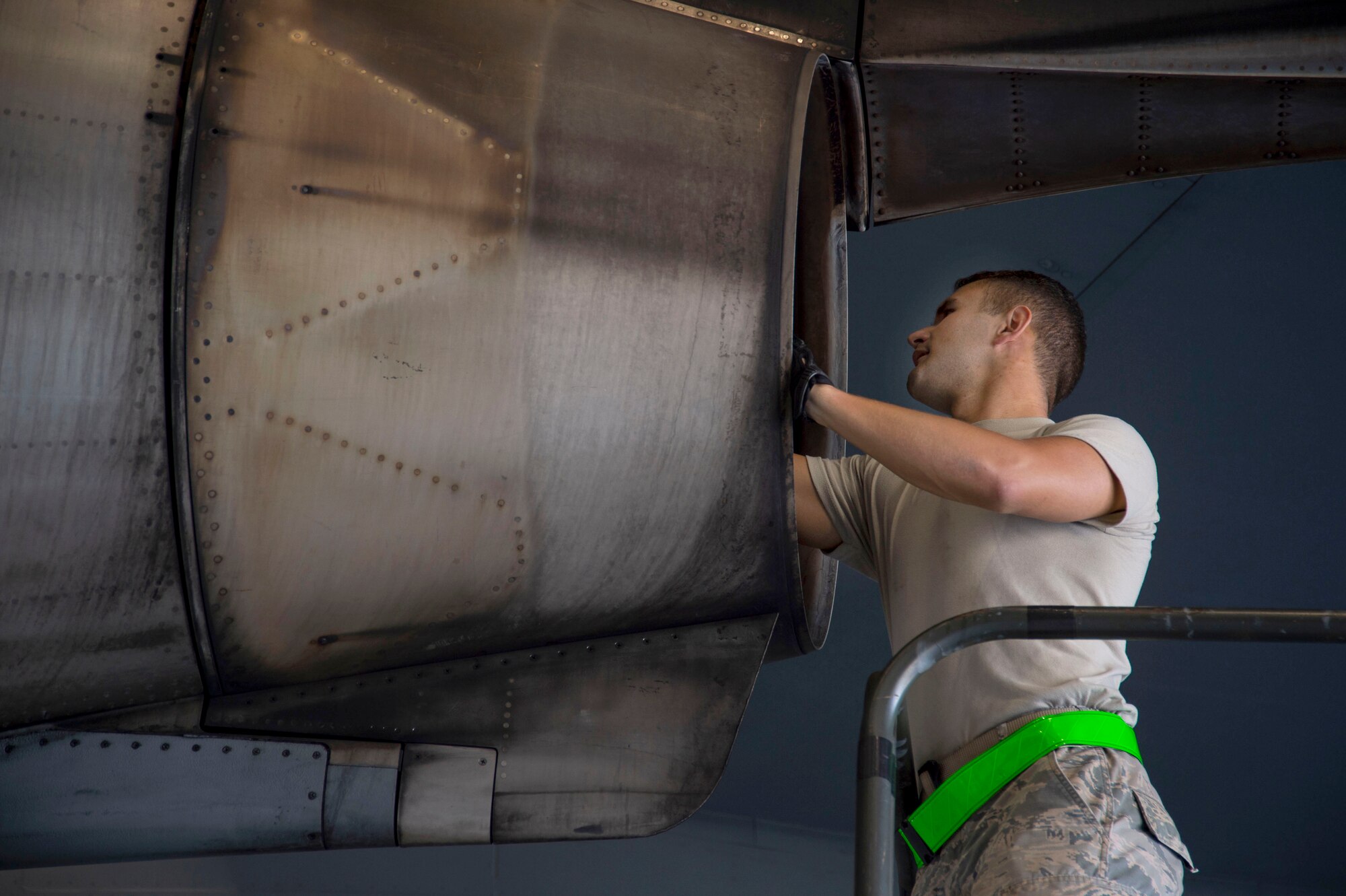 Senior Airman Adam White, 15th Maintenance Squadron engine propulsion specialist, checks the engine of C-17 Globemaster III on Joint Base Pearl Harbor-Hickam, Hawaii, Feb. 20, 2019. White evaluates and recommends maintenance on the engines, replaces defective components, monitors test runs on repaired engines and ensures they are safe, reliable, mission ready. (U.S. Air Force photo by Tech. Sgt. Heather Redman)