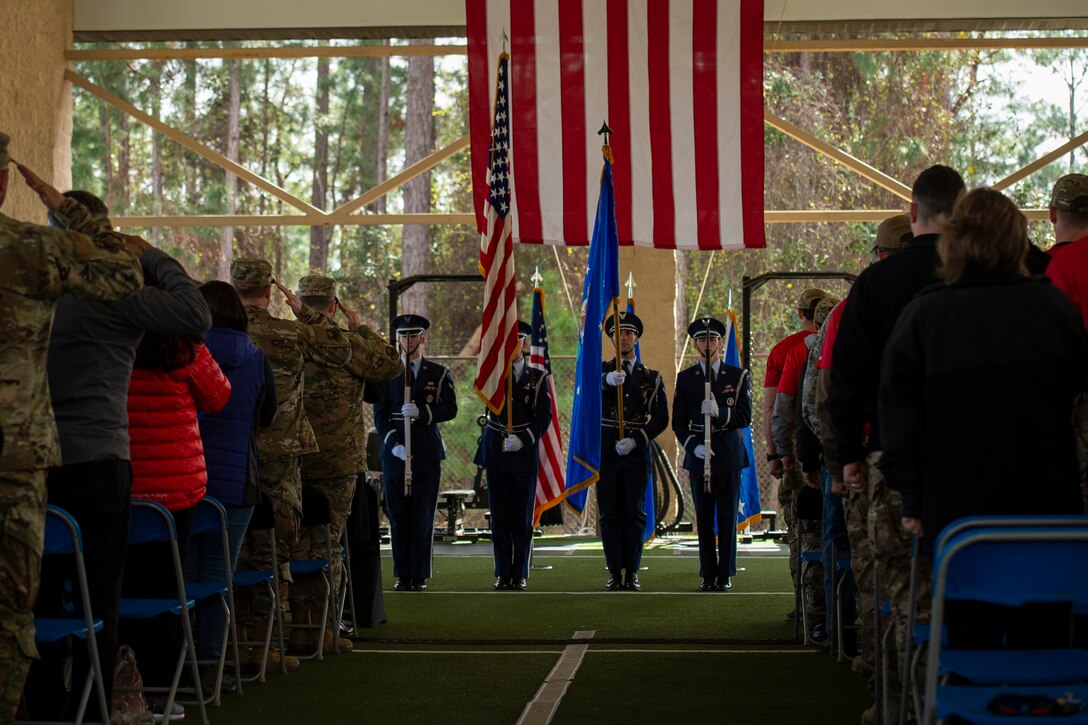 Hurlburt Field base honor guard members present the colors during the Special Tactics Ruck March Memorial Ceremony at Hurlburt Field, Florida, March 4, 2018.