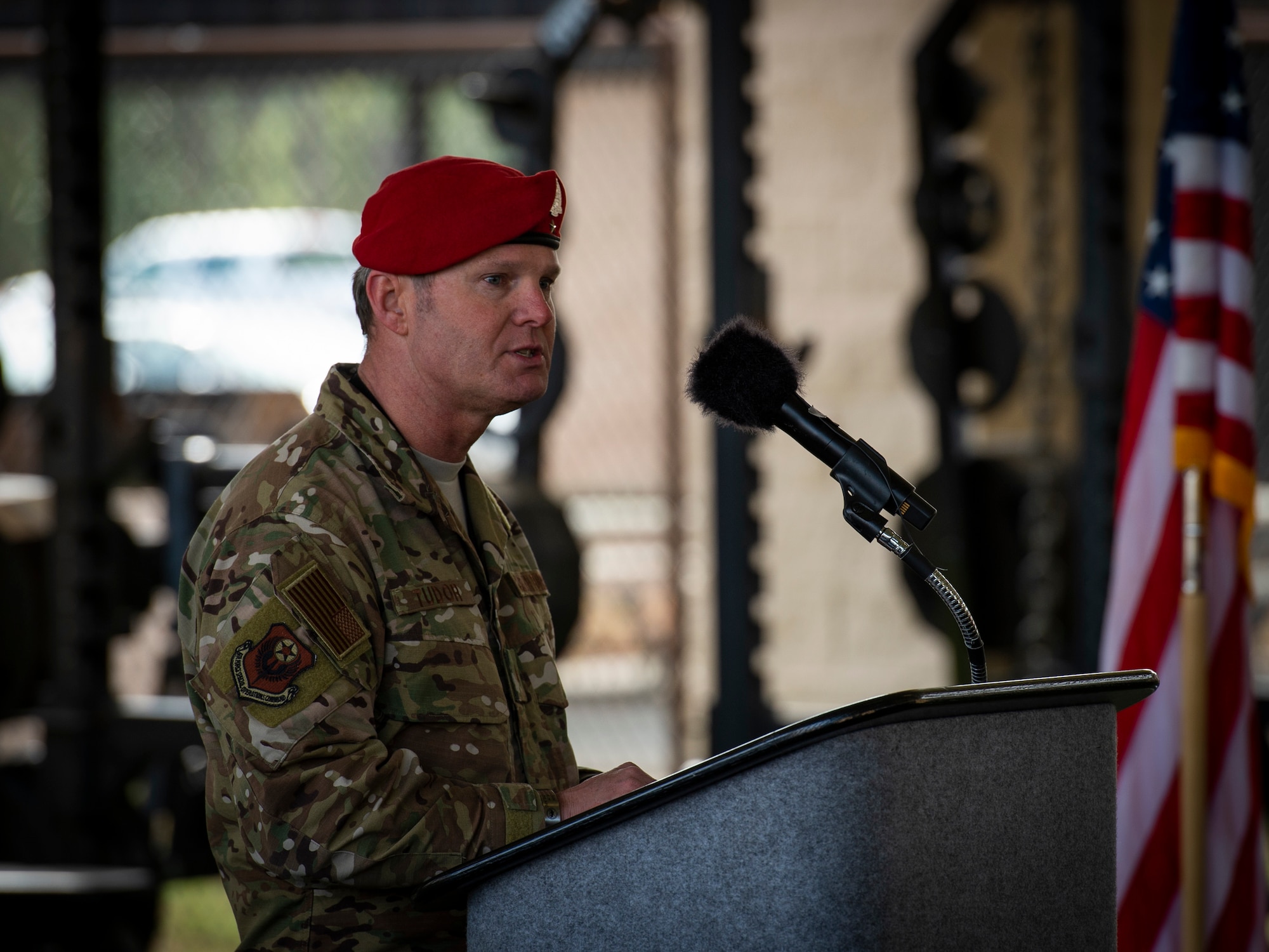 U.S. Air Force Brig. Gen. Claude K. Tudor, Jr., commander of the 24th Special Operations Wing, gives remarks during the Special Tactics Ruck March Memorial Ceremony at Hurlburt Field, Florida, March 4, 2018.