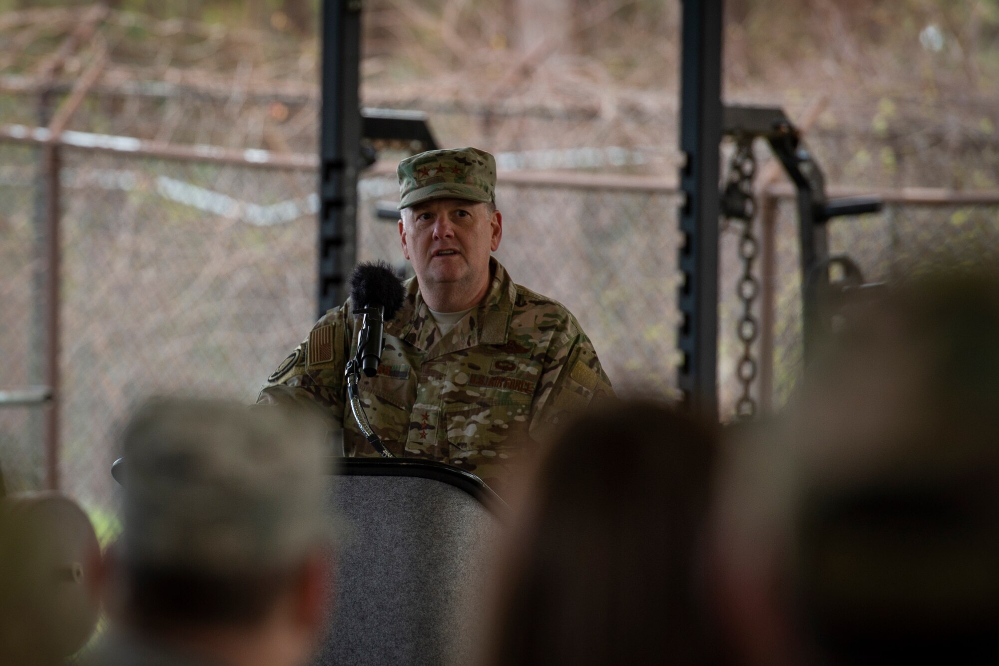 U.S. Air Force Lt. Gen. Brad Webb, commander of Air Force Special Operations Command, gives remarks during the Special Tactics Ruck March Memorial Ceremony at Hurlburt Field, Florida, March 4, 2018.