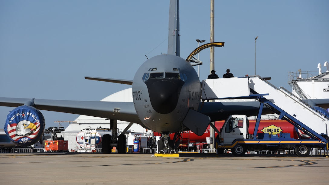 A U.S. Air Force KC-135 Stratotanker assigned to March Air Force Base, California, is showcased as a static display for the 2019 Australian International Airshow and Aerospace & Defence Exposition (AVALON 19) at Geelong, Victoria, Australia, Feb. 27, 2019.