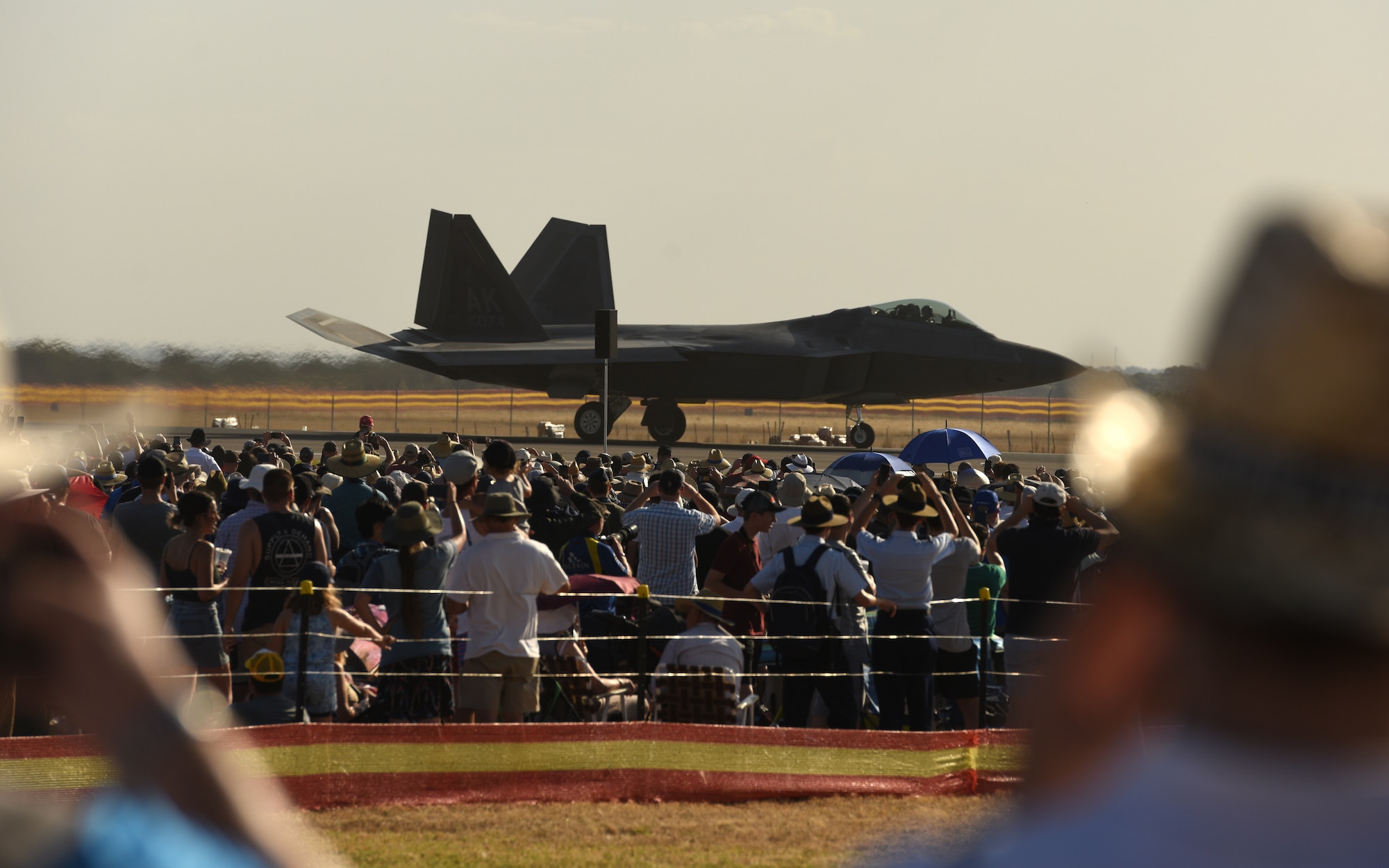 A U.S. Air Force F-22 Raptor assigned to Joint Base Elmendorf-Richardson, Alaska, taxis down the flightline during the 2019 Australian International Airshow and Aerospace & Defence Exposition (AVALON 2019) at Geelong, Victoria, Australia, March 1, 2019.