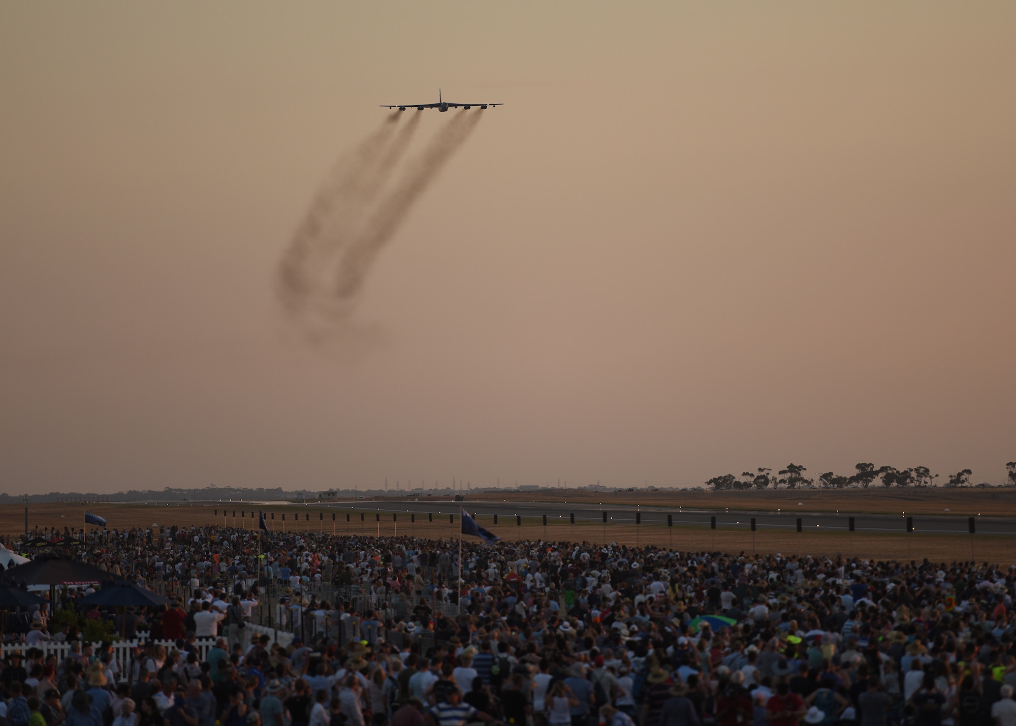 A U.S. Air Force B-52 Stratofortress assigned to the 23rd Expeditionary Bomb Squadron, Andersen Air Force Base, Guam, flies by a crowd at the 2019 Australian International Airshow and Aerospace & Defence Exposition (AVALON 2019) in Geelong, Victoria, Australia, March 1, 2019.