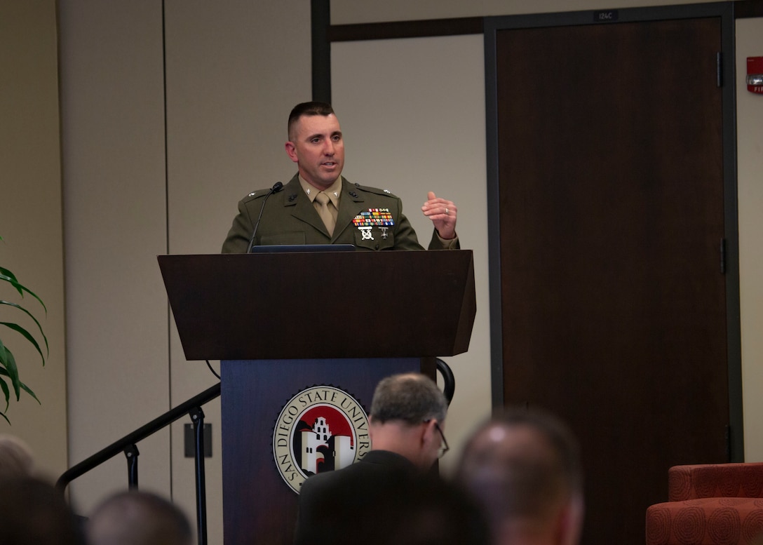 U.S. Marine Corps Lt. Col. Tony Mitchell, regional facilities officer, Marine Corps Installations West, Marine Corps Base Camp Pendleton speaks at the Microgrid/DERS Summit at San Diego State University, Feb. 27, 2019. The summit is a two-day event, bringing together a variety of individuals, from government and Department of Defense personnel, to privately-owned companies and corporations. It consisted of open discussions and presentations aimed at innovating better ways to manage energy generation and distribution on larger-scale properties and installations. (U.S. Marine Corps photo by Cpl. Dylan Chagnon)