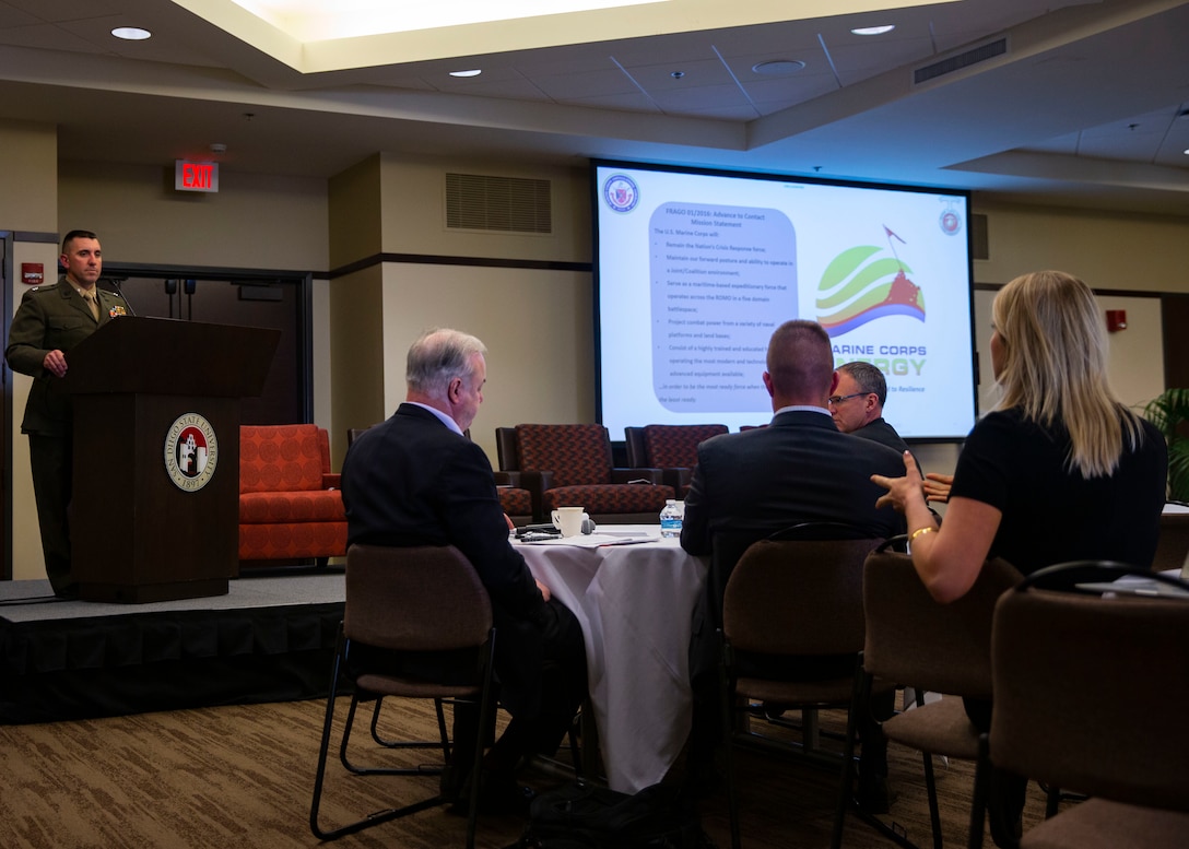 U.S. Marine Corps Lt. Col. Tony Mitchell, regional facilities officer, Marine Corps Installations West, Marine Corps Base Camp Pendleton responds to a question from an attendee at the Microgrid/DERS Summit at San Diego State University, Feb. 27, 2019. The summit is a two-day event, bringing together a variety of individuals, from government and Department of Defense personnel, to privately-owned companies and corporations. It consisted of open discussions and presentations aimed at innovating better ways to manage energy generation and distribution on larger-scale properties and installations. (U.S. Marine Corps photo by Cpl. Dylan Chagnon)